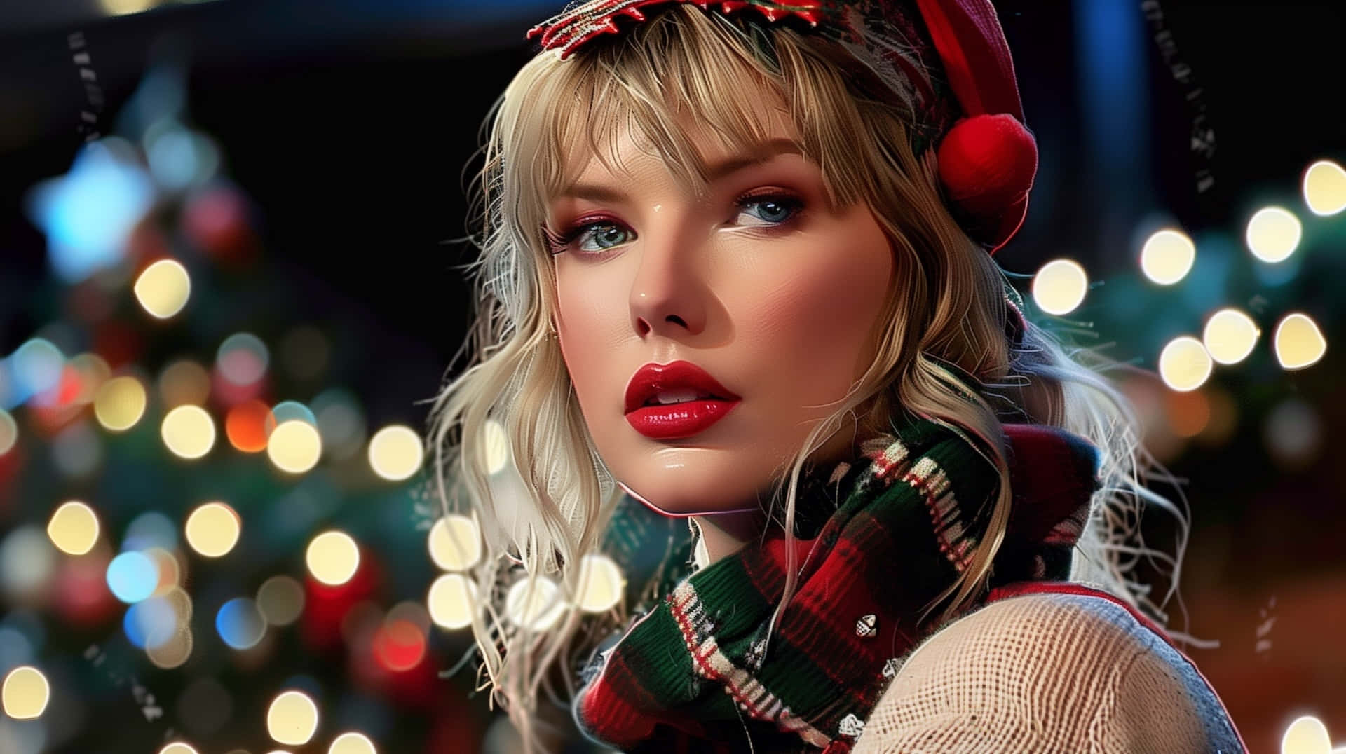 Taylor Swift, festive red hat, plaid scarf, Full HD Desktop Wallpaper