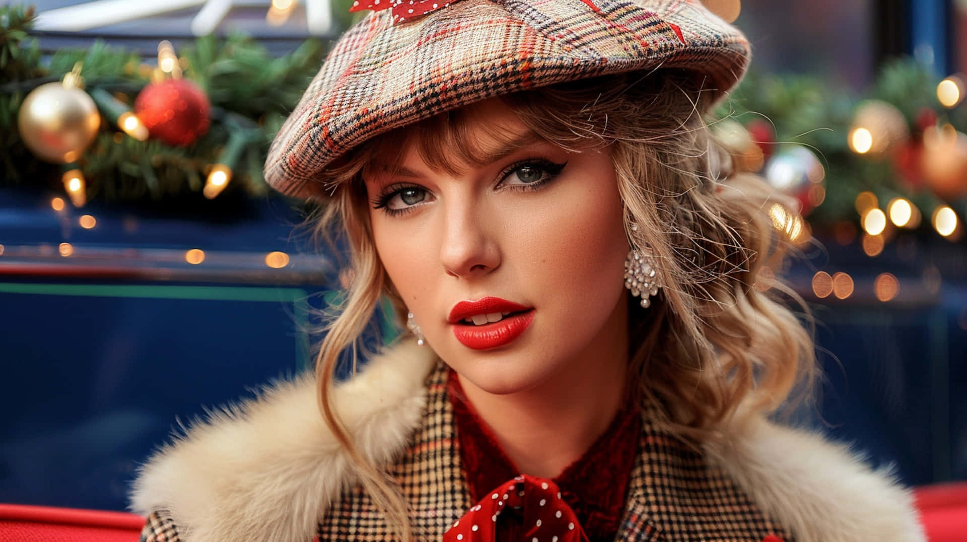 Festive Winter Fashion Taylor Swift, plaid hat, fur collar, Full HD Desktop Wallpaper