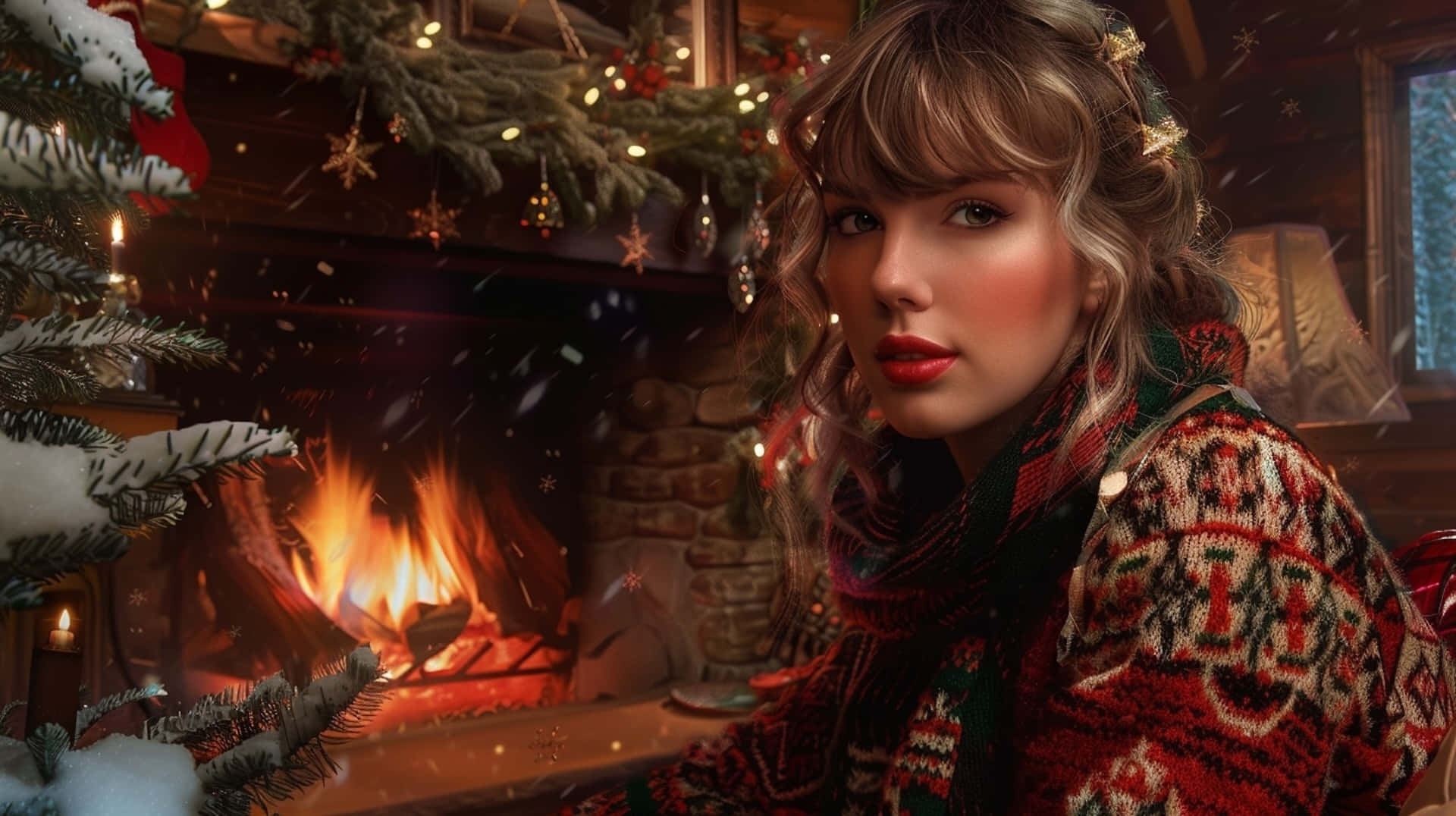 Taylor Swift, Christmas, cosy fireplace scene, Full HD Desktop Wallpaper