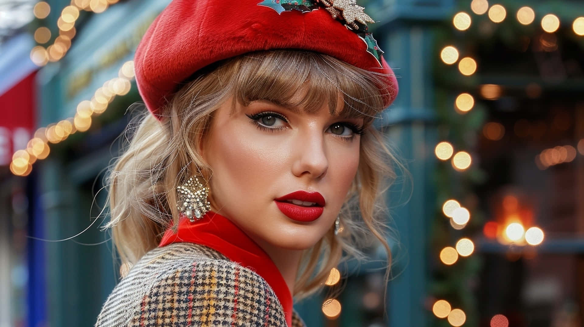 Christmas, Taylor Swift, red beret, Full HD Desktop Wallpaper