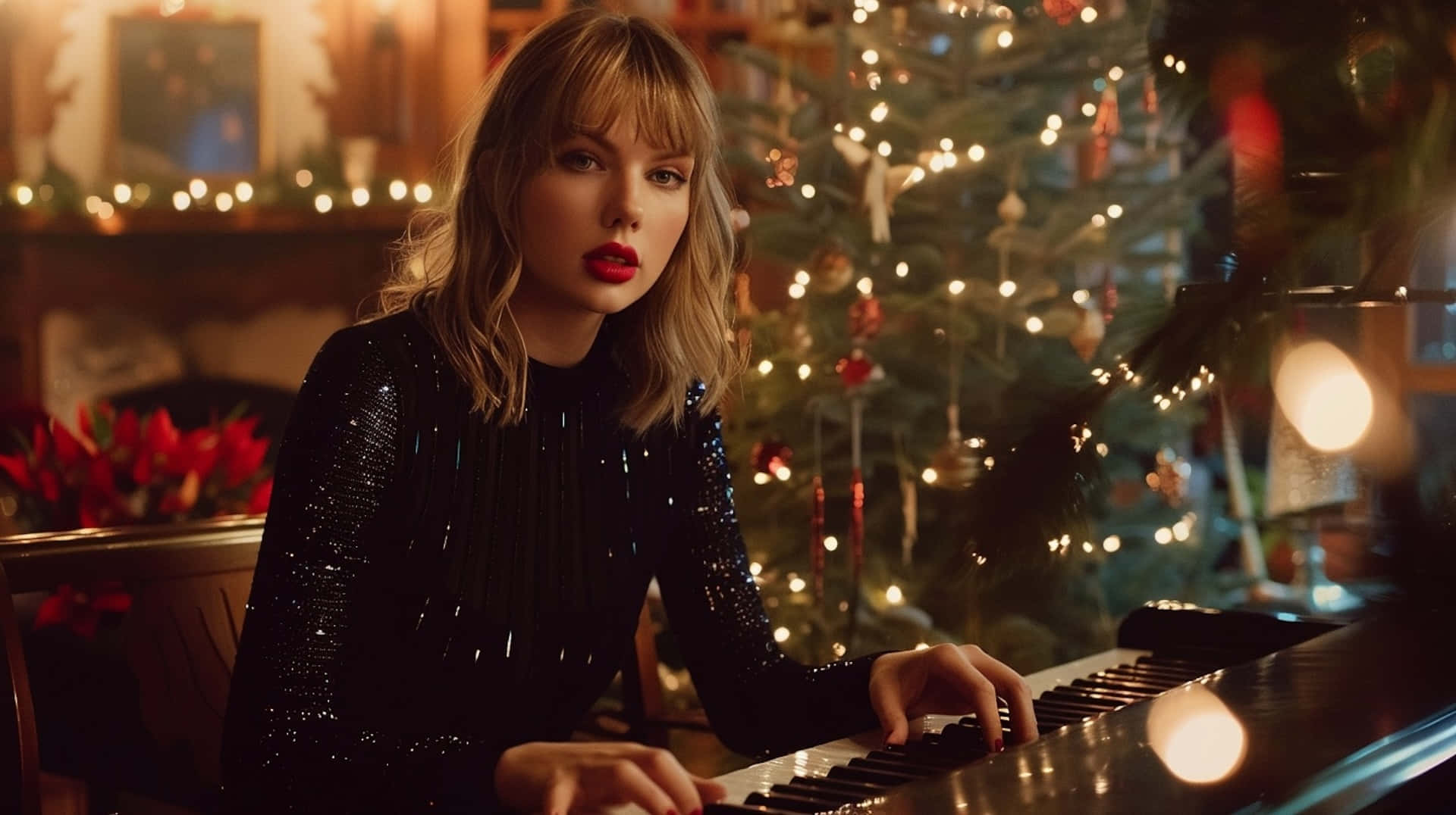 Christmas piano moment, Taylor Swift, sparkly black top, Full HD Desktop Wallpaper