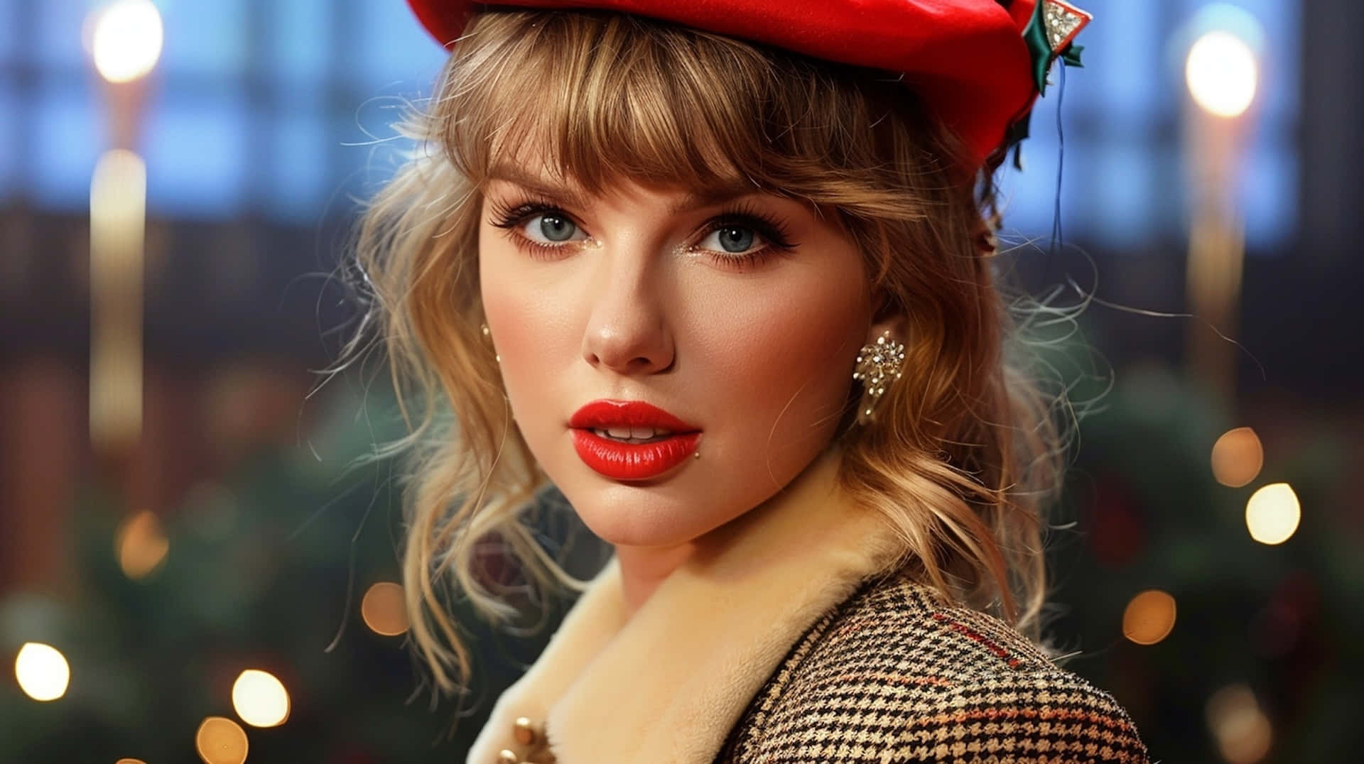 Taylor Swift, Christmas, festive red beret, Full HD Desktop Wallpaper