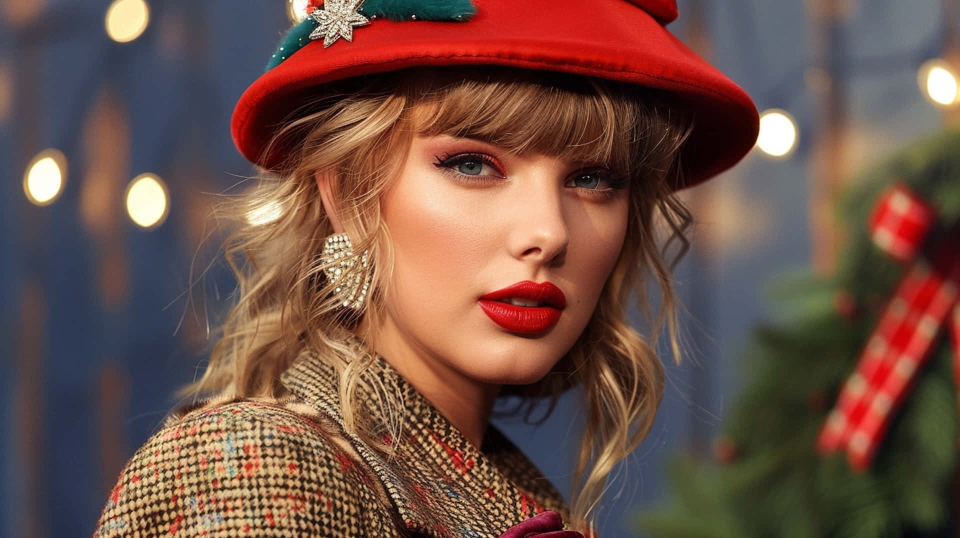 Festive Red Lipstick, Taylor Swift, red hat, Full HD Desktop Wallpaper