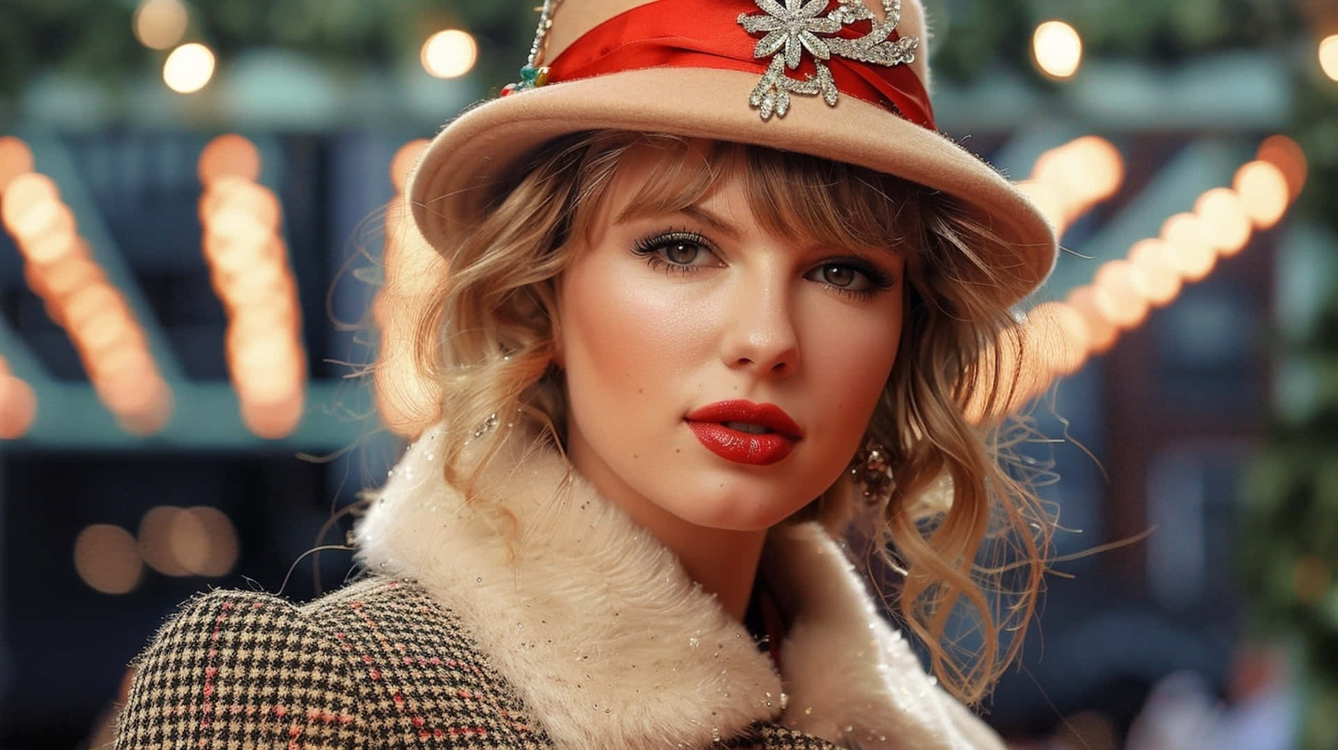 Taylor Swift, beige hat, red ribbon, Full HD Desktop Wallpaper