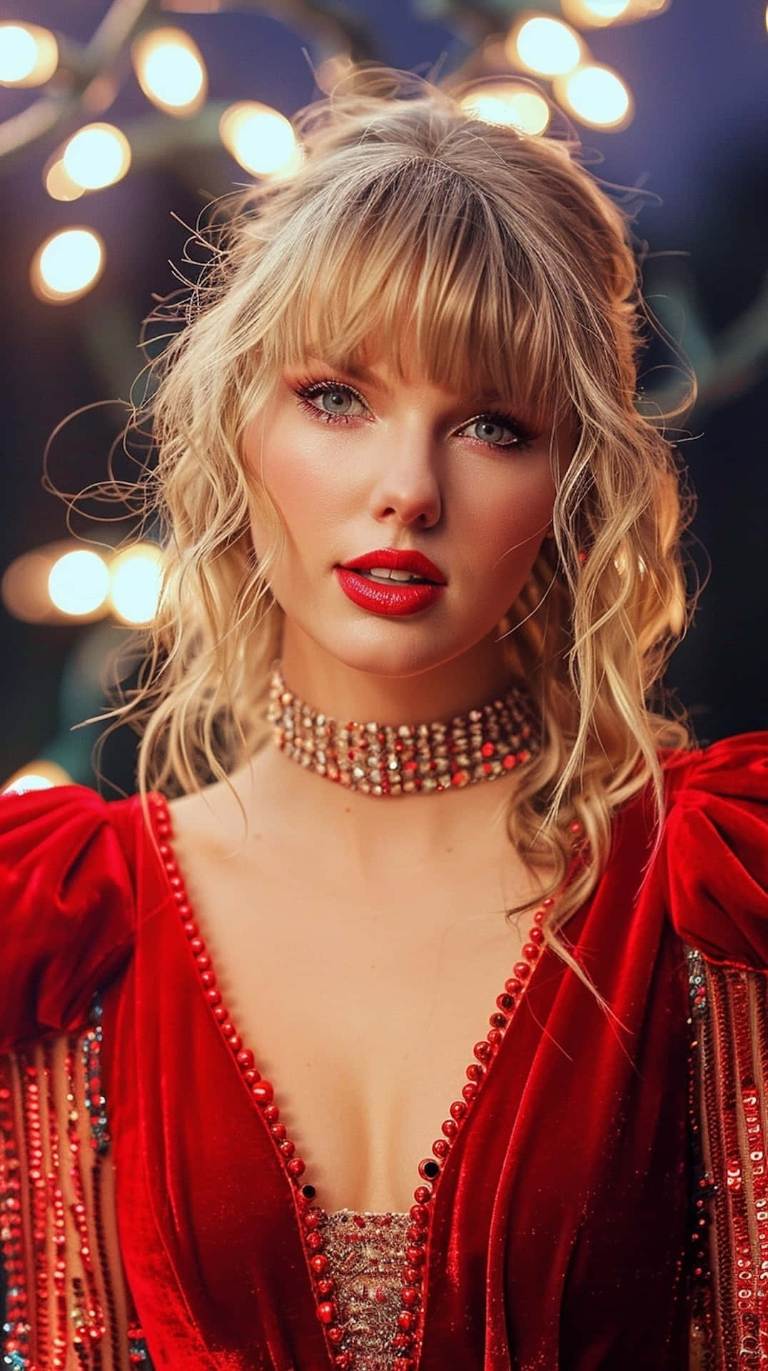 red velvet gown, blonde hair, red lips, Full HD Phone Wallpaper