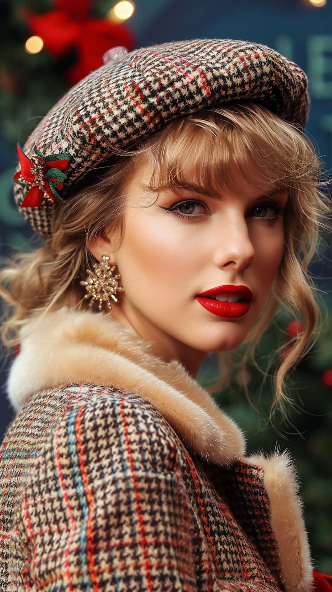 plaid beret, matching coat with fur collar, festive holiday backdrop, Full HD Phone Wallpaper
