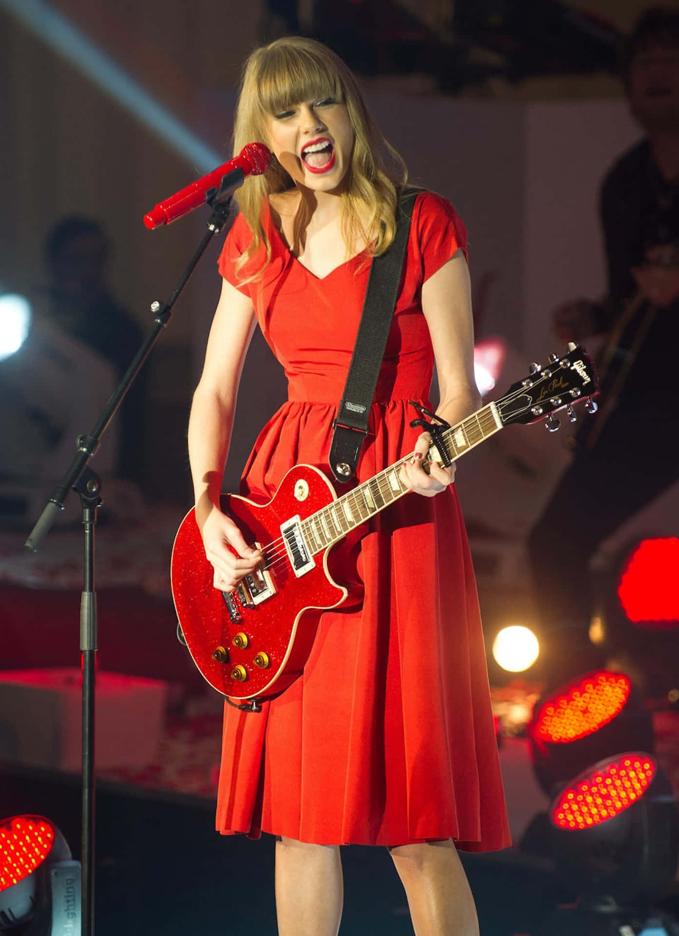 Taylor Swift, red dress, red electric guitar, Full HD Phone Wallpaper
