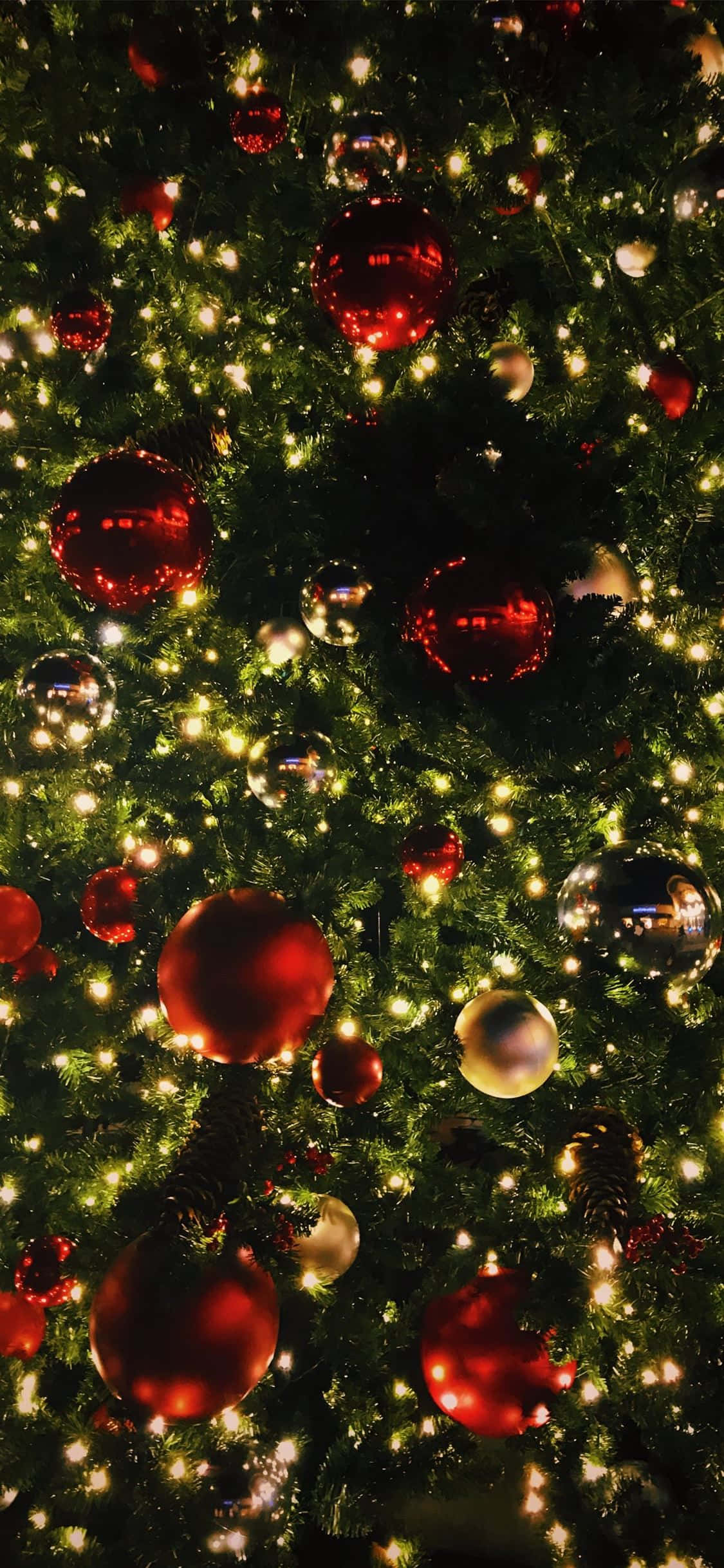 Christmas tree, glowing fairy lights, shiny red ornaments, Full HD Phone Wallpaper