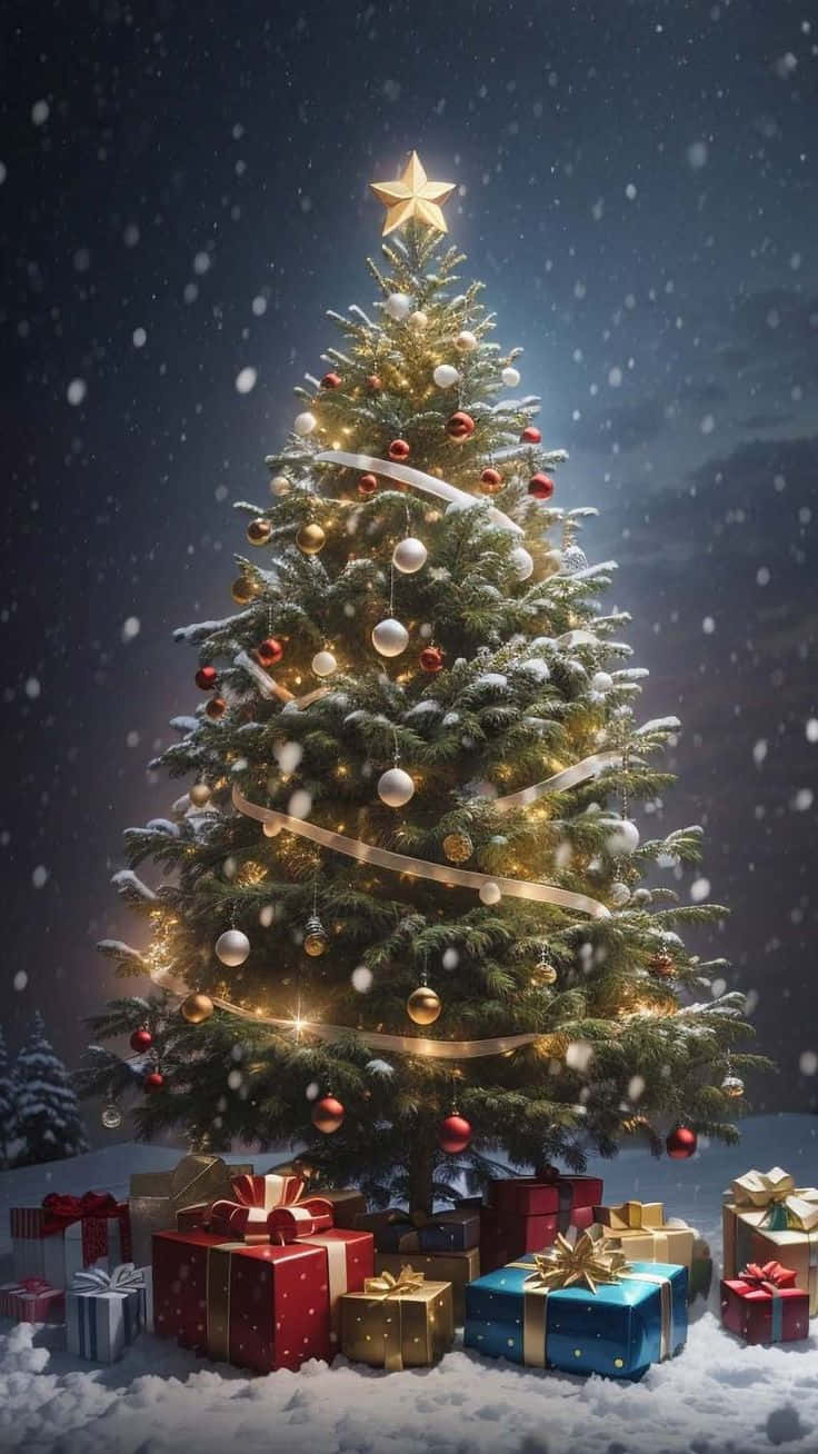 Christmas tree, glowing lights, red and gold ornaments, HD Phone Wallpaper