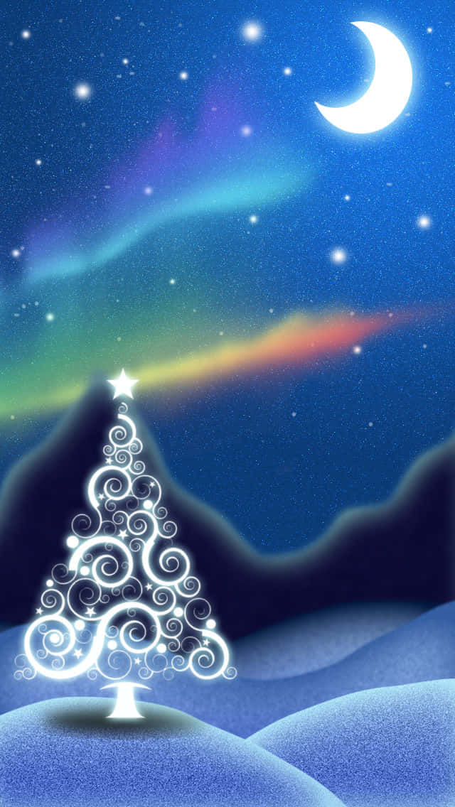 Enchanted Winter Night Christmas Tree, glowing white spiral Christmas tree, snowy hill, SD Phone Wallpaper