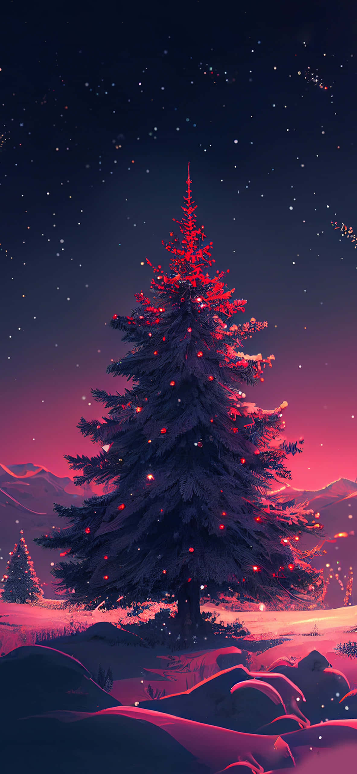 Christmas Tree, winter night, snow covered pine tree, 2K Phone Wallpaper