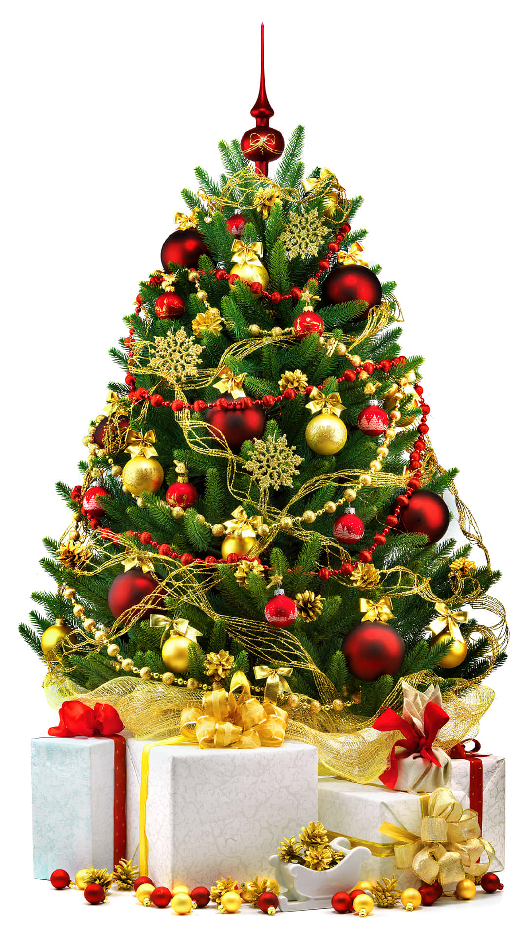 Christmas tree, red and gold ornaments, snowflakes, Full HD Phone Wallpaper