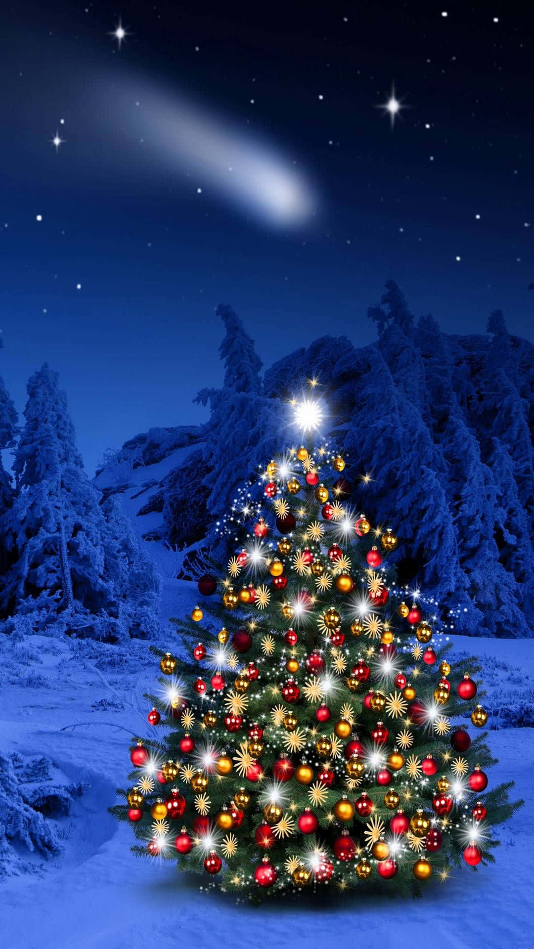 Twinkling Christmas Tree, winter night, snowy forest, Full HD Phone Wallpaper