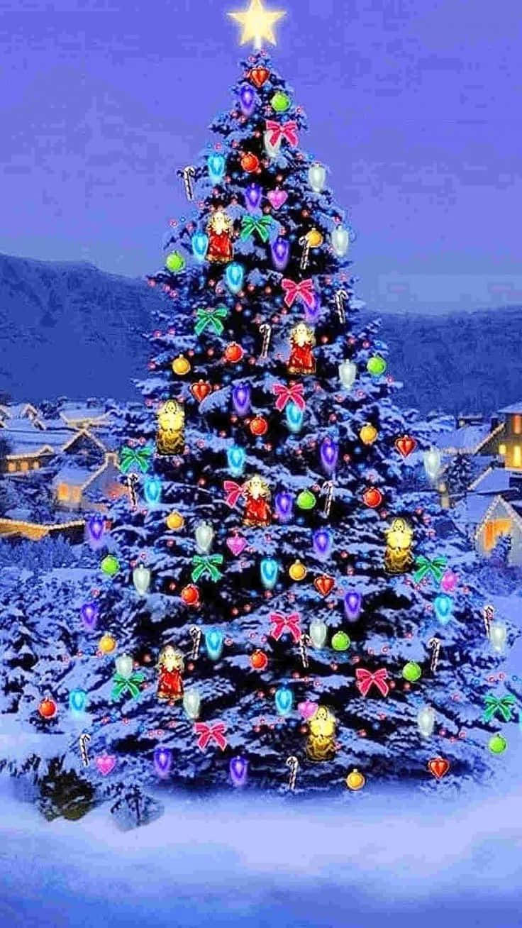Christmas Tree, snowy village, starry night sky, HD Phone Wallpaper