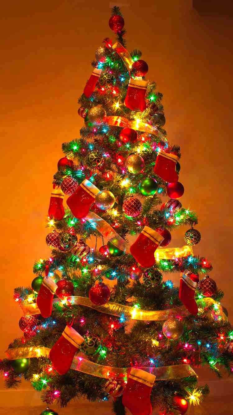 Christmas Tree, red stockings, colorful ornaments, HD Phone Wallpaper