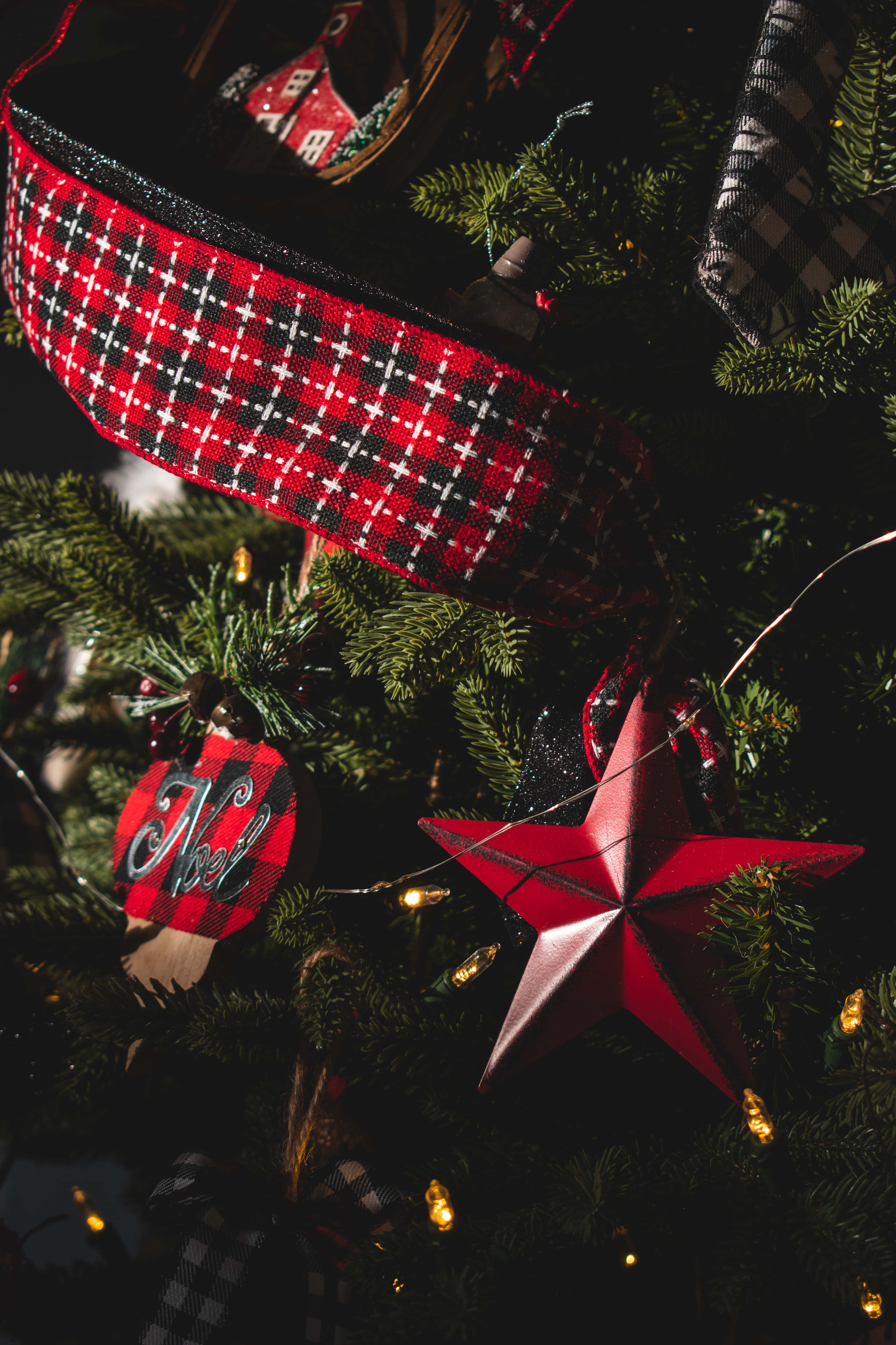 iPhone, Christmas tree, red plaid ribbon, 5K Phone Wallpaper