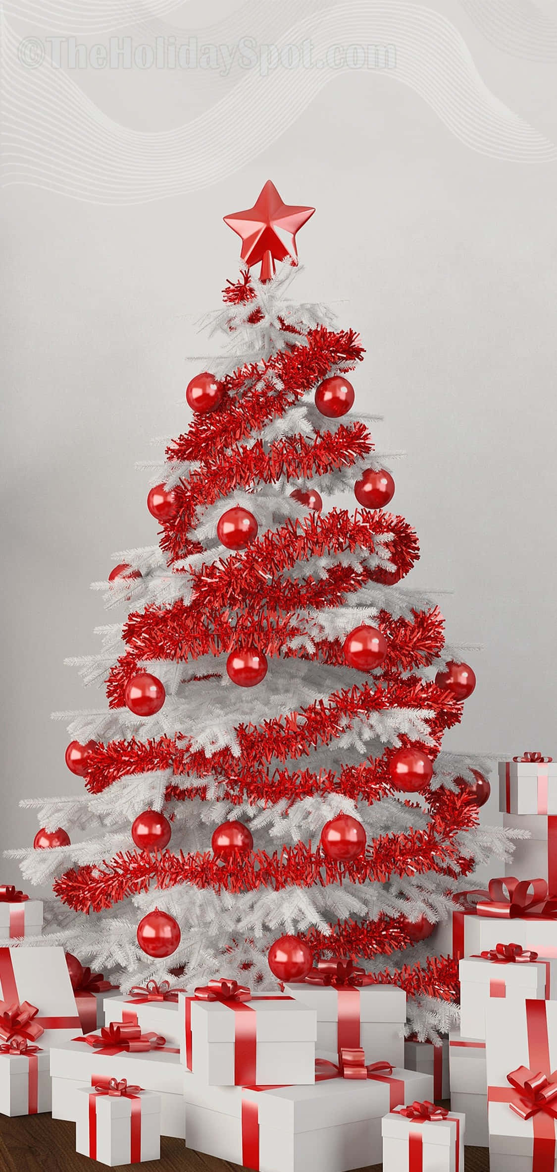 Red Christmas Decorations, white Christmas tree, red tinsel, Full HD Phone Wallpaper