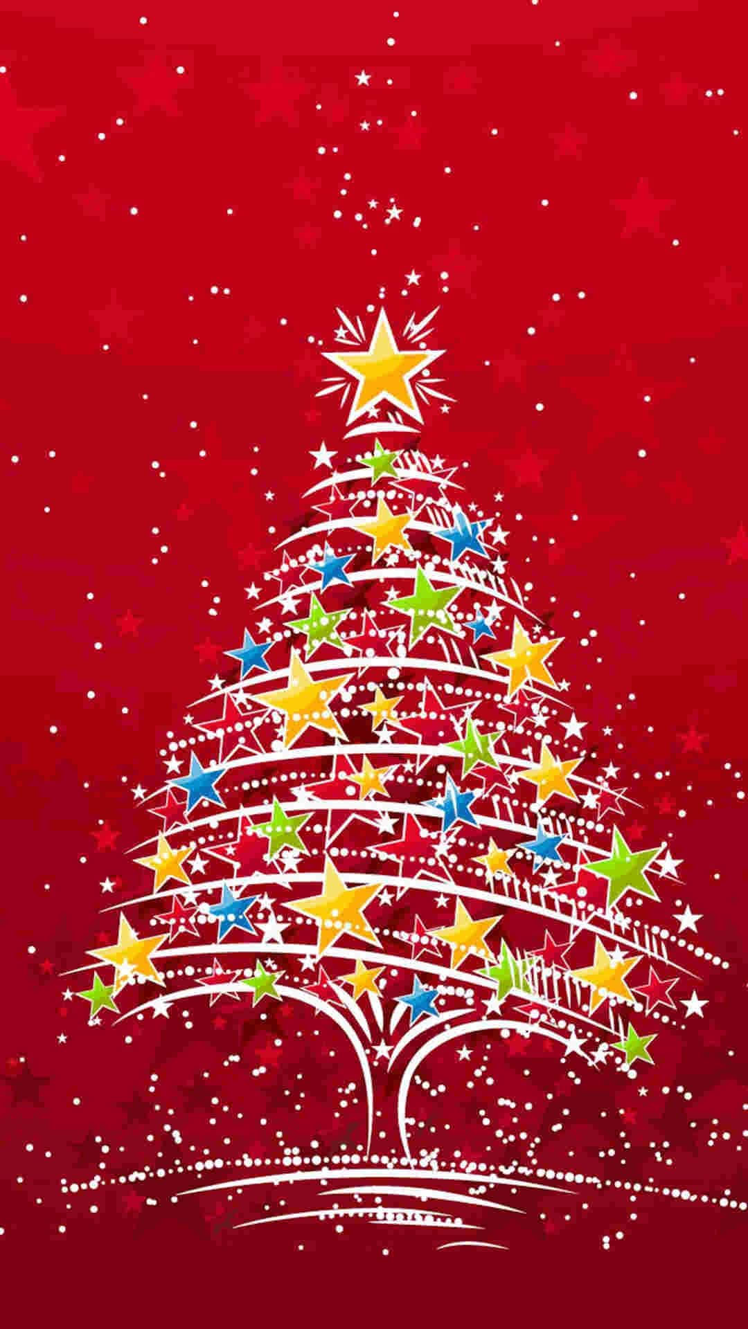Christmas Tree, colorful stars, vibrant red background, Full HD Phone Wallpaper