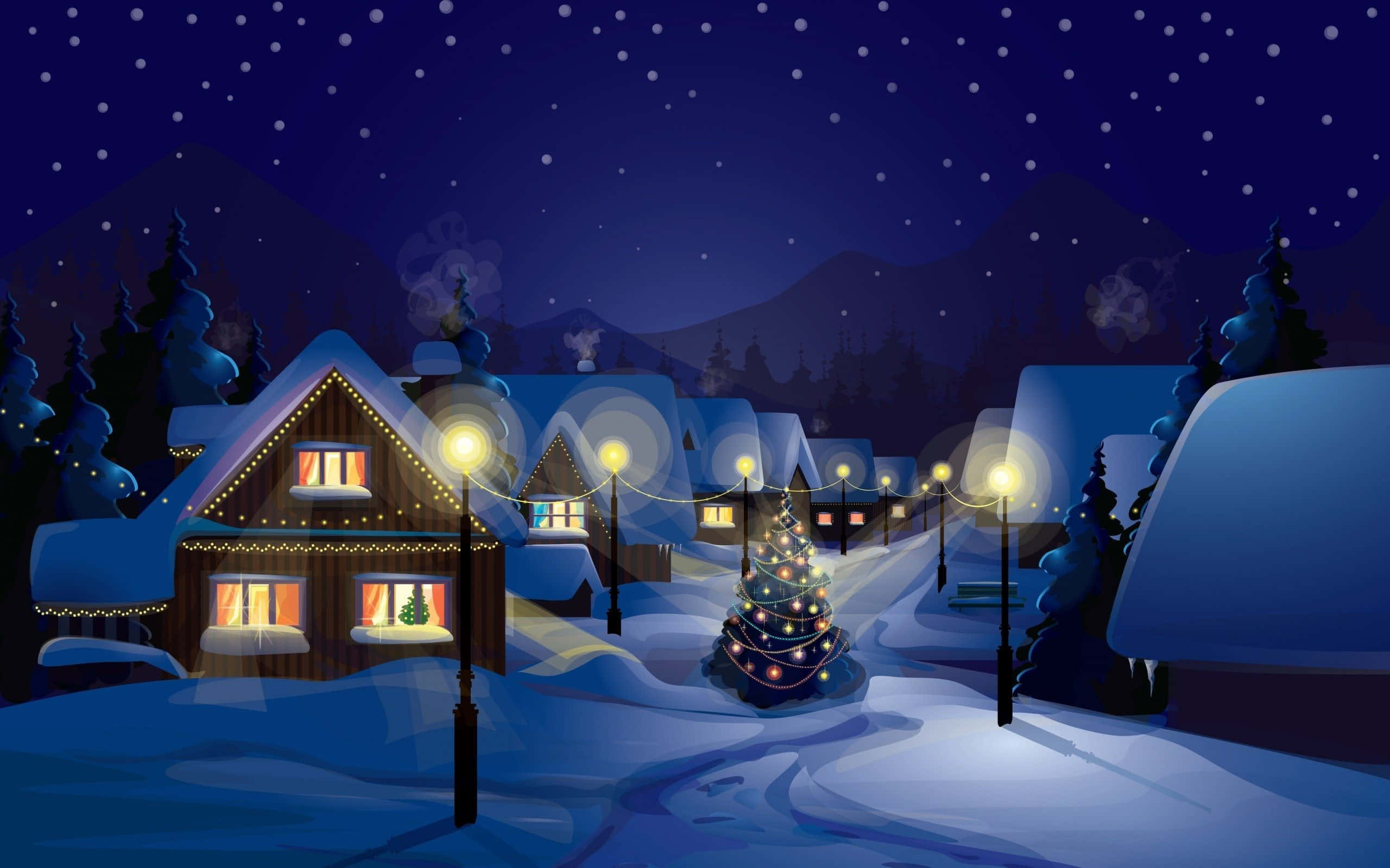 Christmas Village, snow-covered village, glowing windows, 2K Desktop Wallpaper