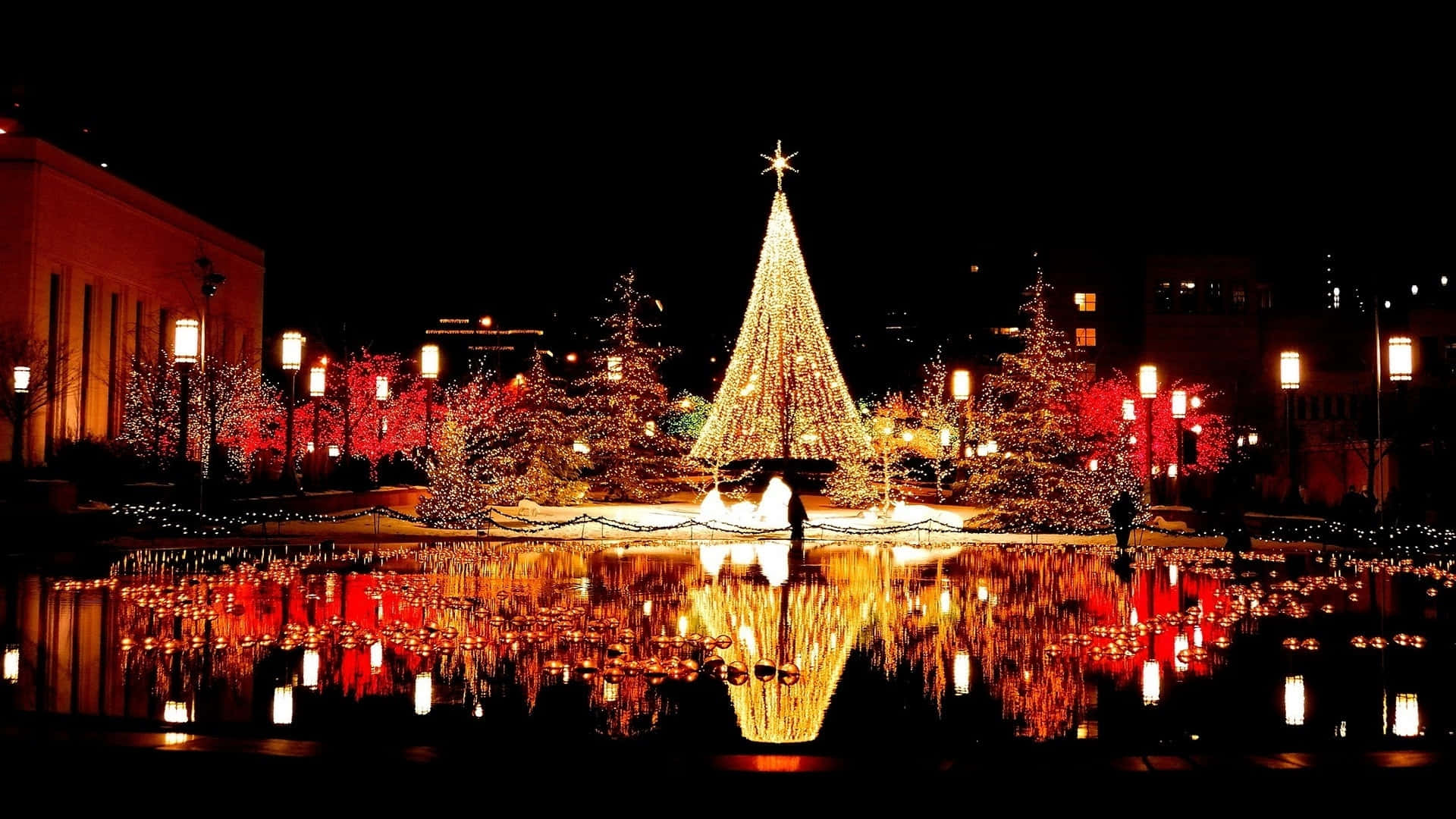 Christmas Village, Christmas tree, pond, Full HD Desktop Wallpaper