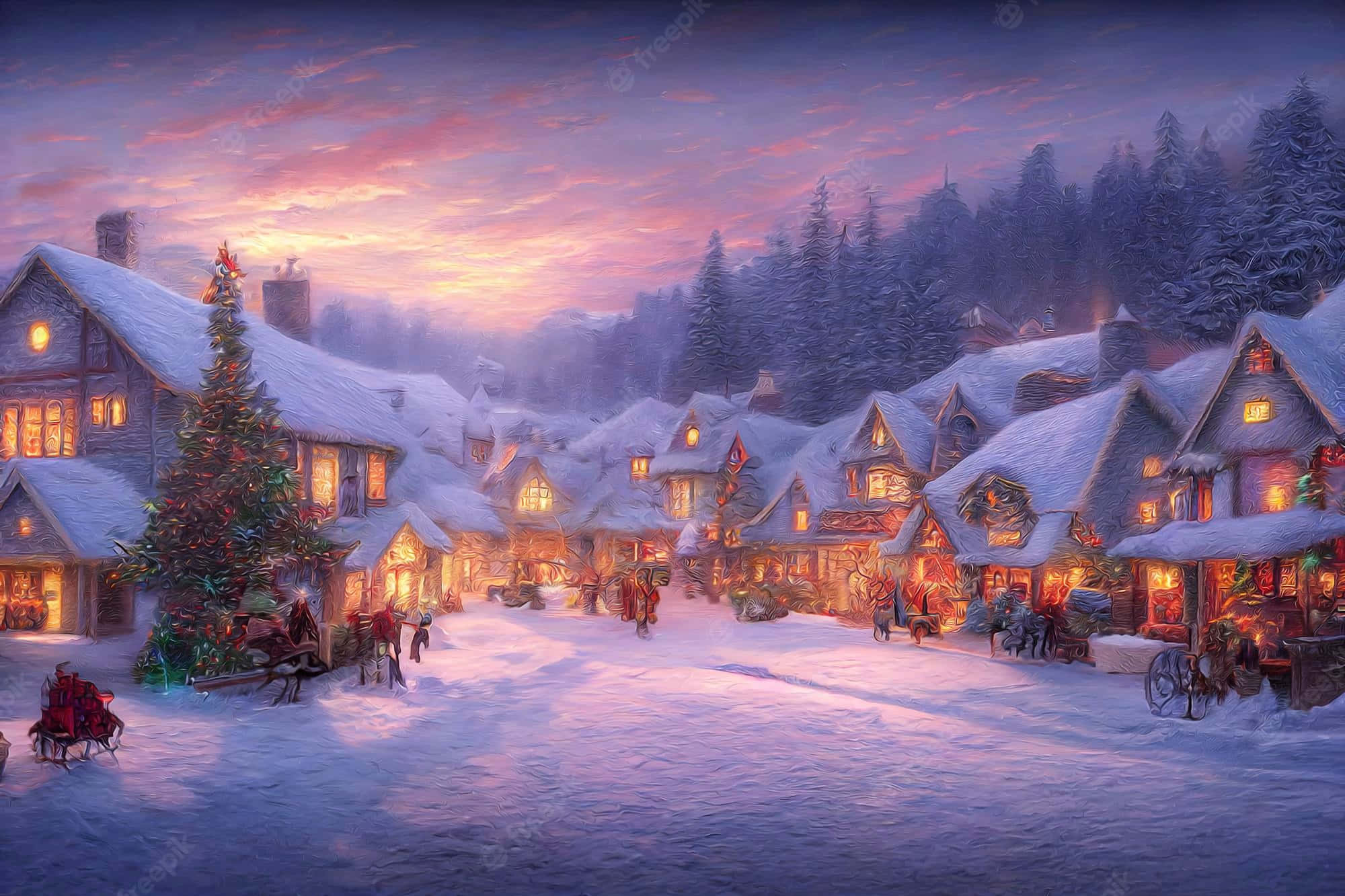 Christmas village, twilight, snow, Full HD Desktop Wallpaper