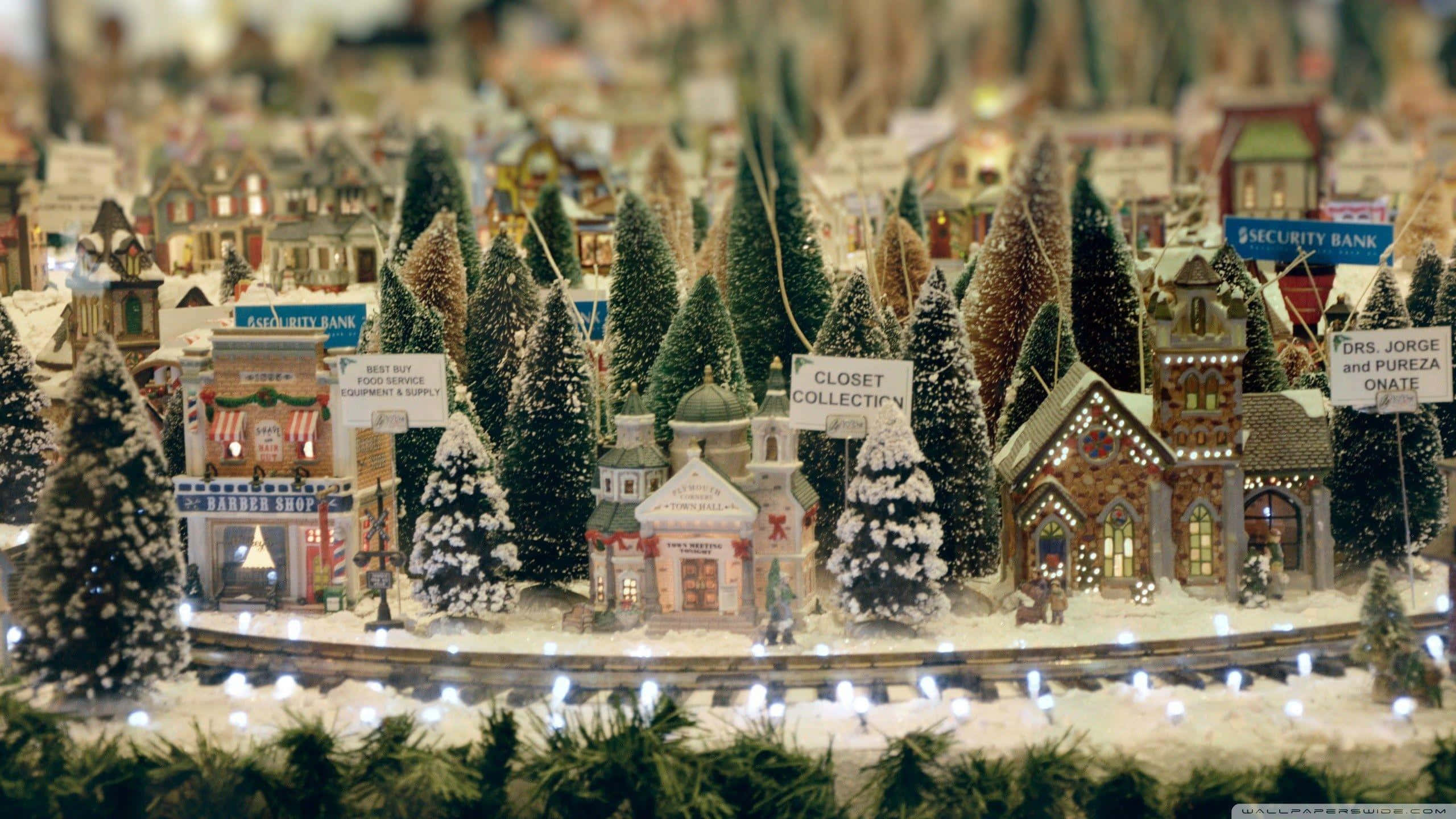 Christmas Village, miniature winter village, snow-dusted evergreens, 2K Desktop Wallpaper