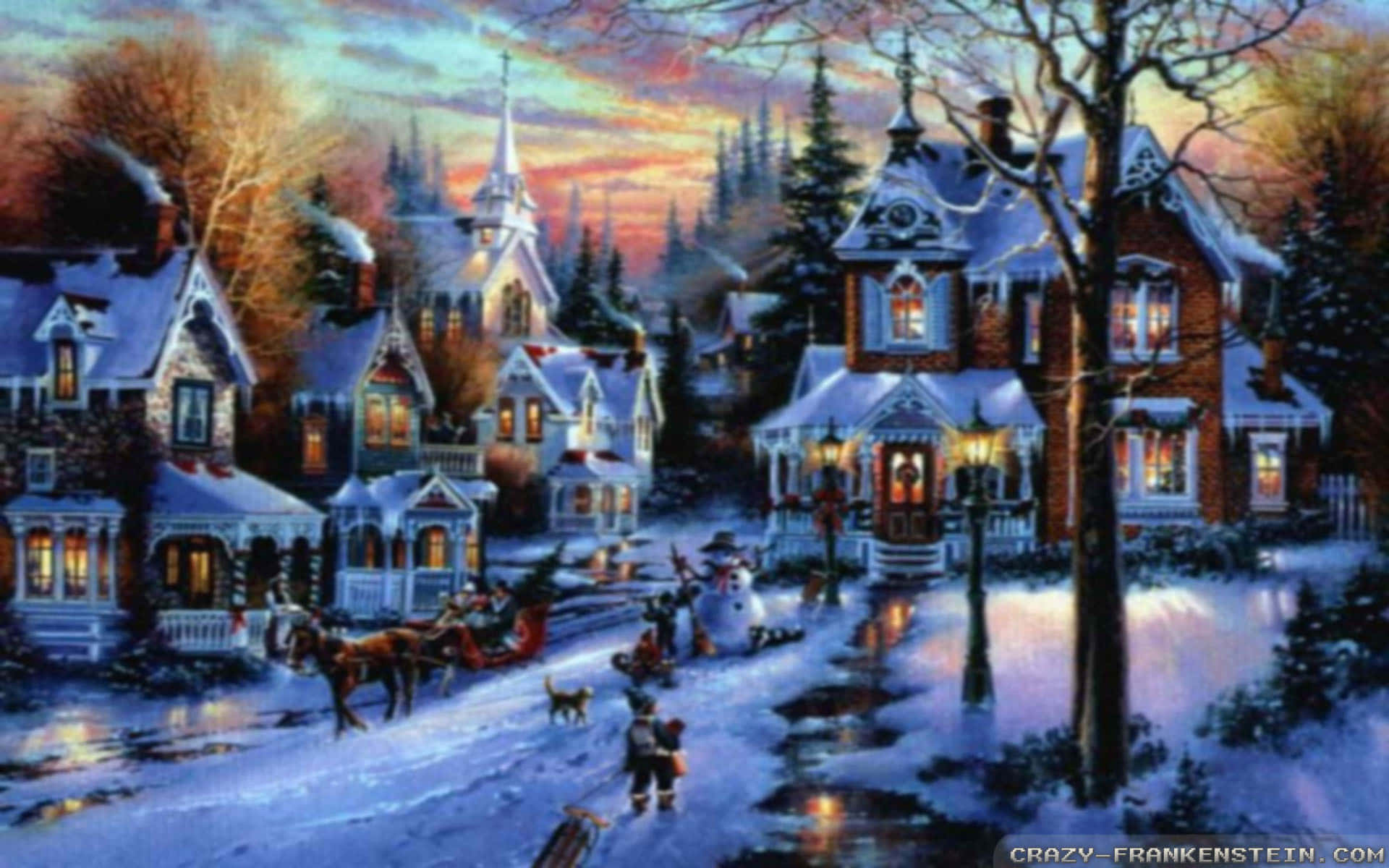 Christmas Village, Victorian homes, horse-drawn sleigh, Full HD Desktop Wallpaper