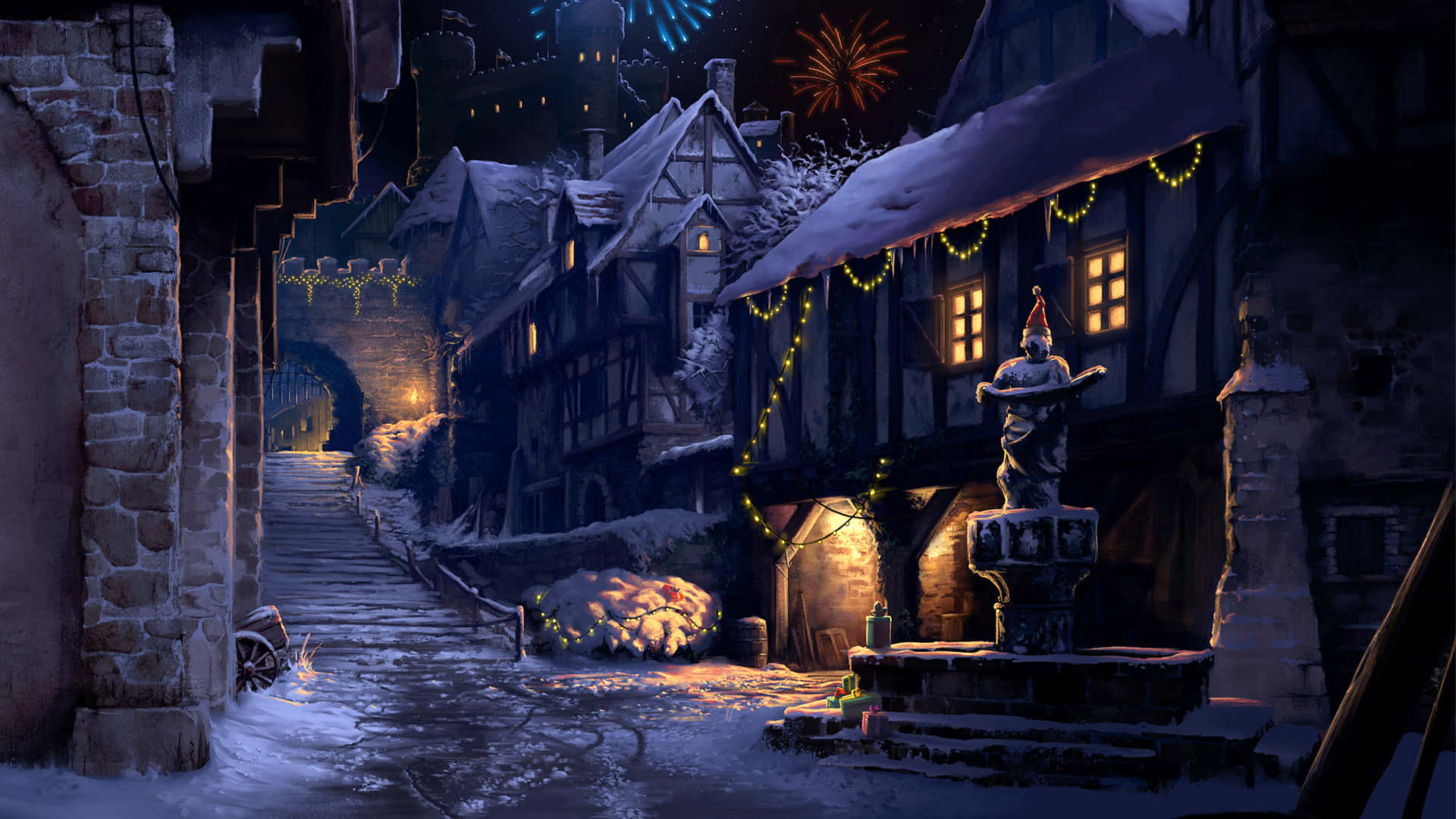 Christmas Village, medieval village street, snow, Full HD Desktop Wallpaper