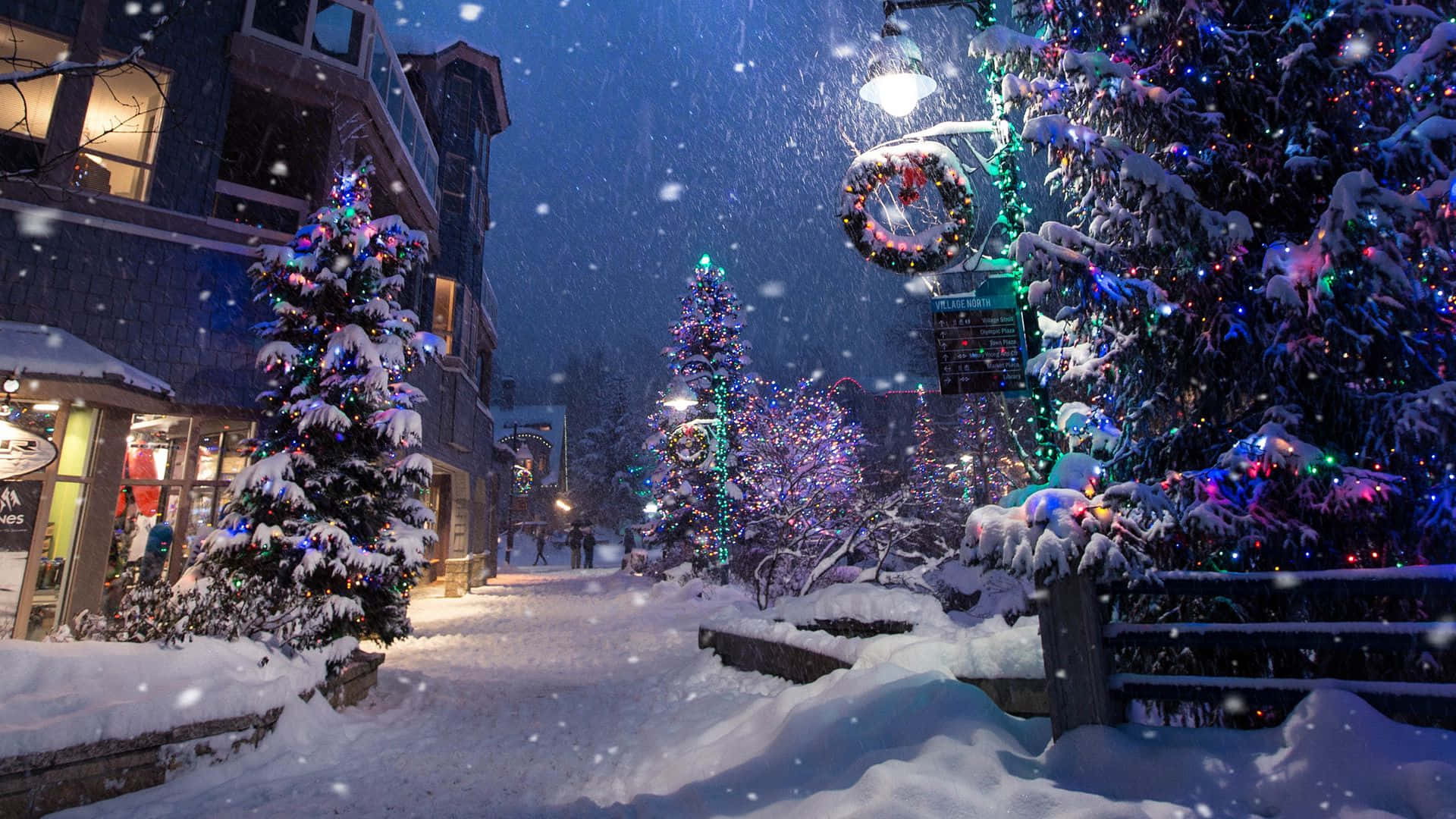 Christmas Village, snow, festive winter street, Full HD Desktop Wallpaper