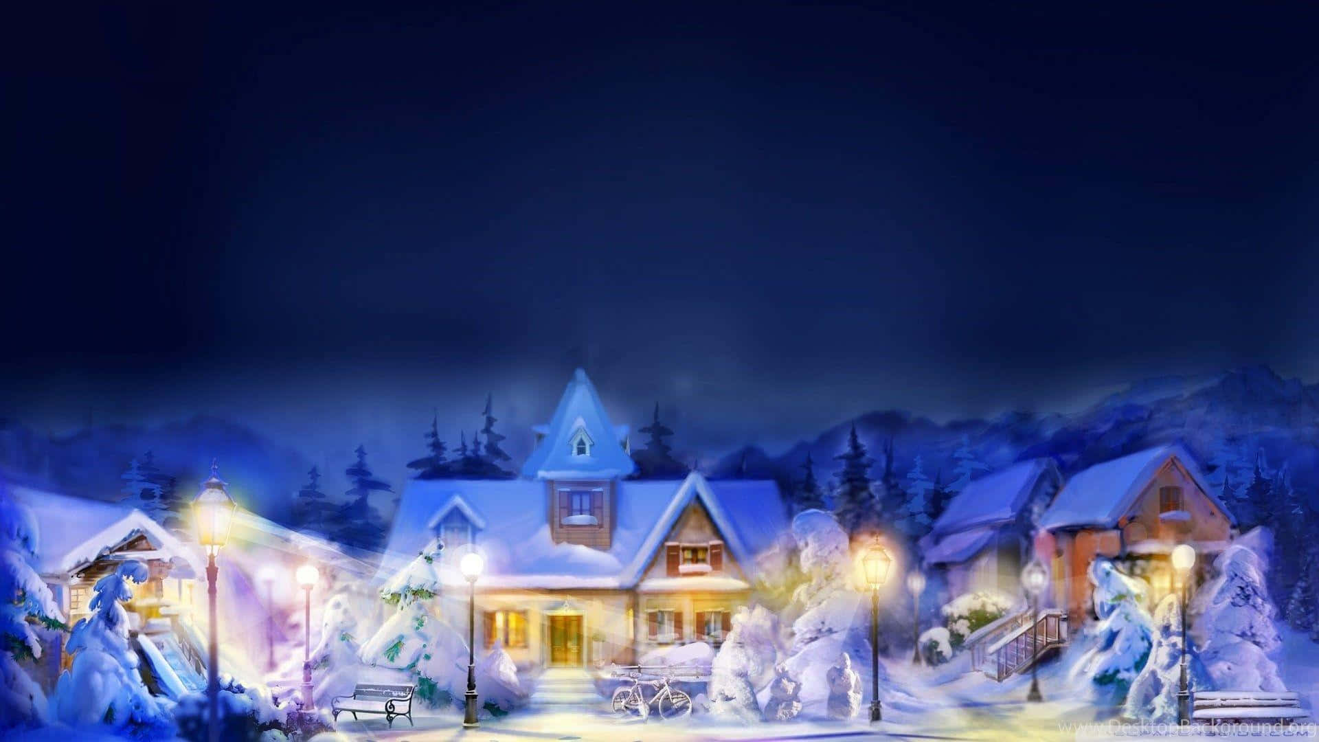 Christmas Village, snow-covered village, glowing street lamps, Full HD Desktop Wallpaper