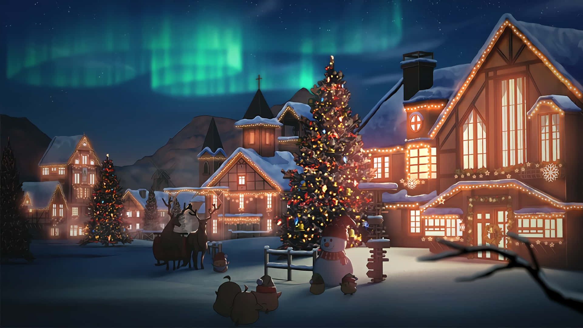 Christmas Village, Christmas tree, lights, Full HD Desktop Wallpaper