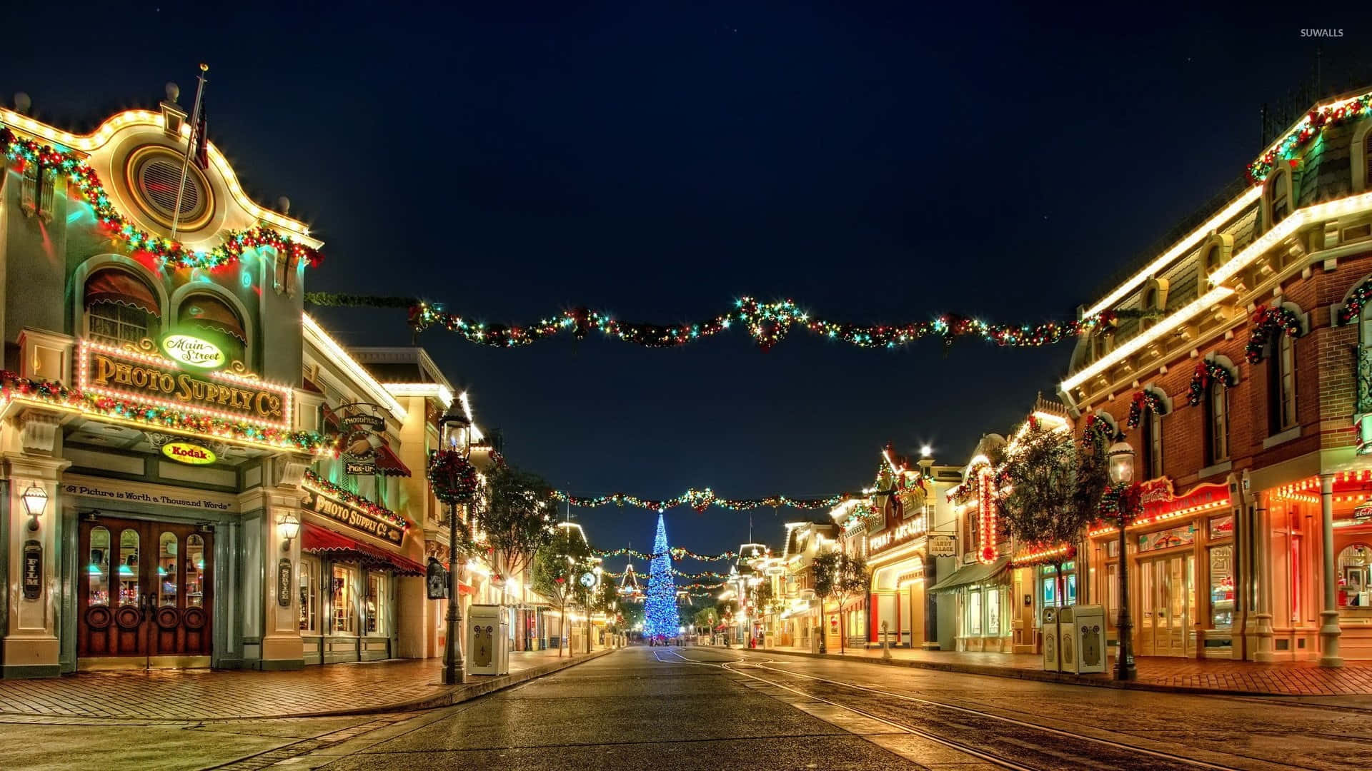 Christmas Village, nighttime street, glowing lights, Full HD Desktop Wallpaper