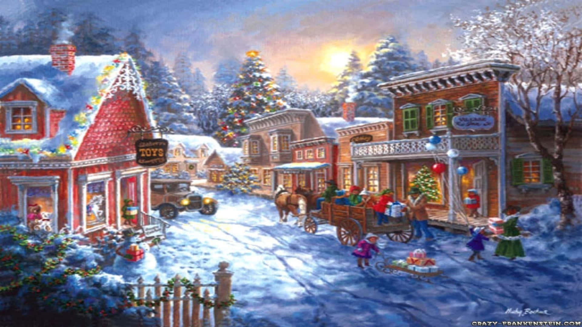 Christmas Village, sunset, snowy village street, Full HD Desktop Wallpaper