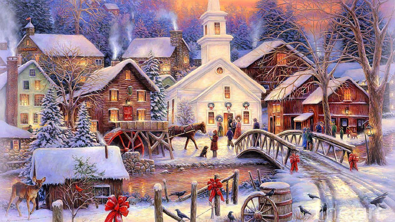 Christmas Village, snowy village, dusk, HD Desktop Wallpaper