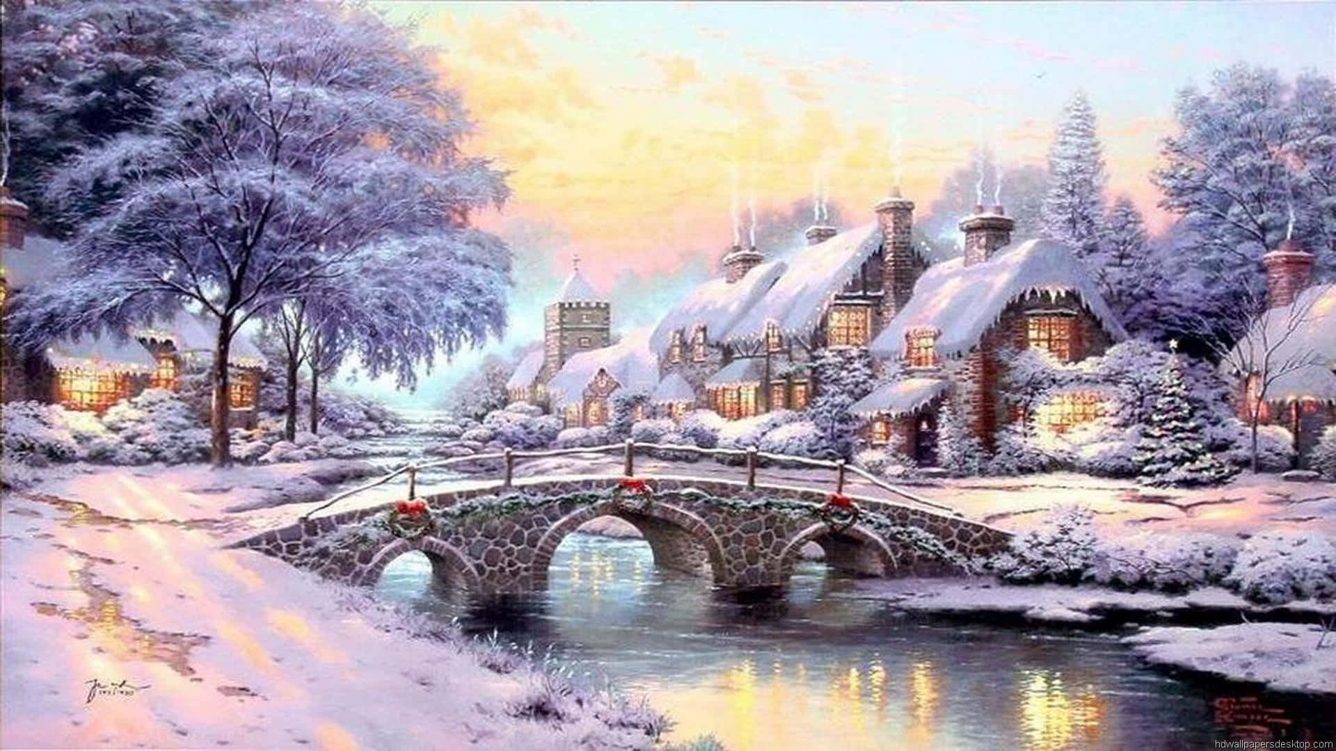 snowy village, stone bridge, calm river, Full HD Desktop Wallpaper