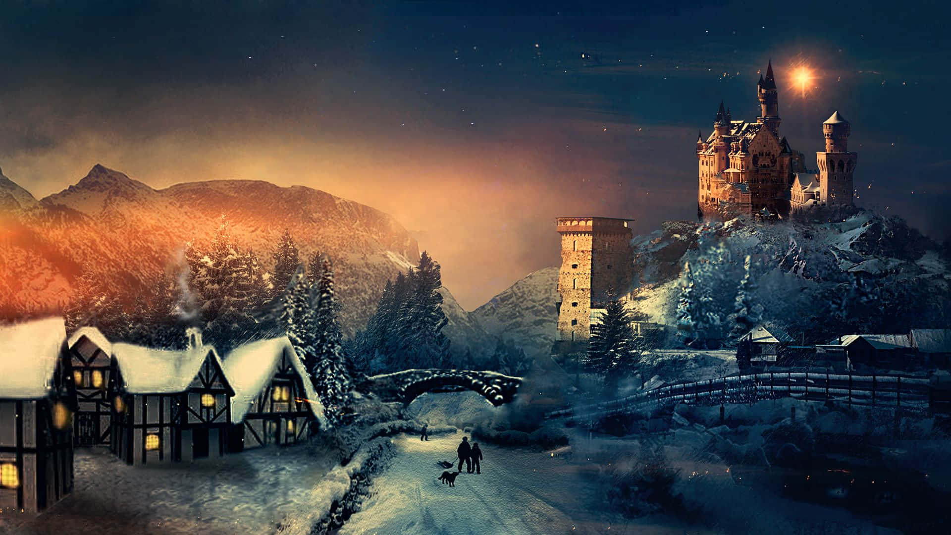 Christmas Village, snowy winter night, glowing castle, Full HD Desktop Wallpaper