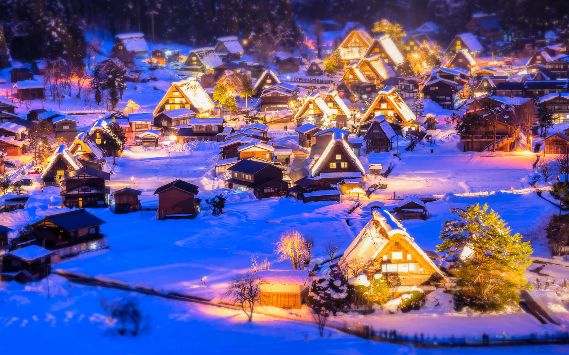Christmas Village, traditional Japanese village houses, snow, Full HD Desktop Wallpaper