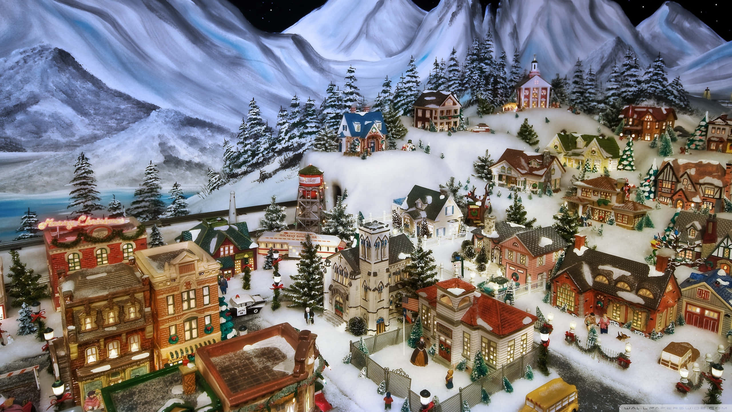 Christmas Village, snowy miniature town, glowing windows, 2K Desktop Wallpaper