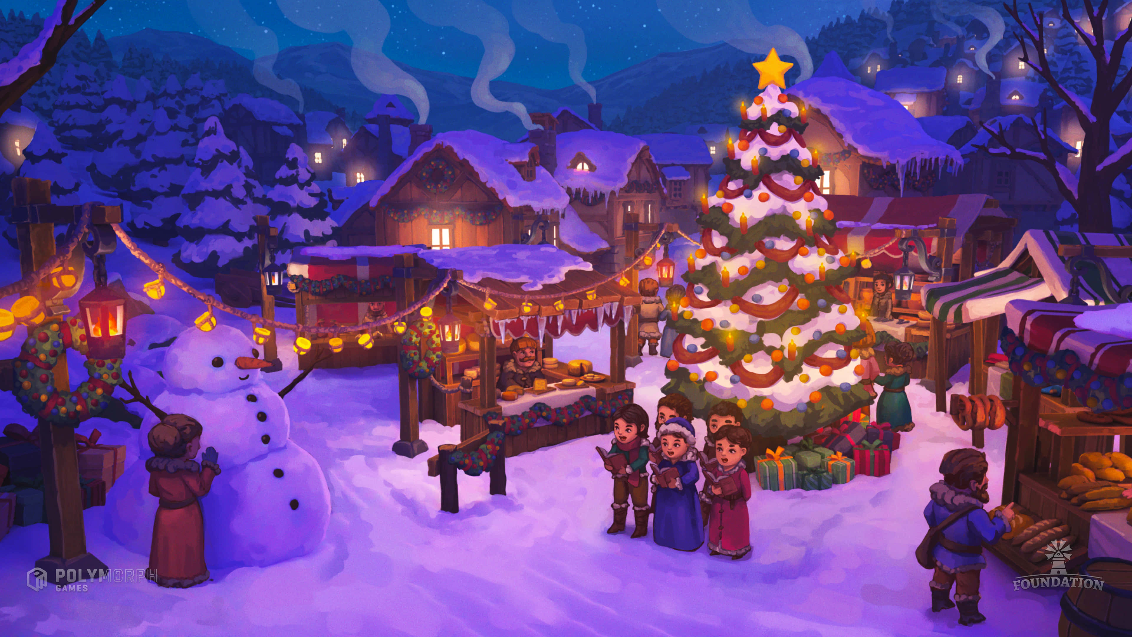 Christmas Village, glowing Christmas tree, snowy village square, 4K Desktop Wallpaper