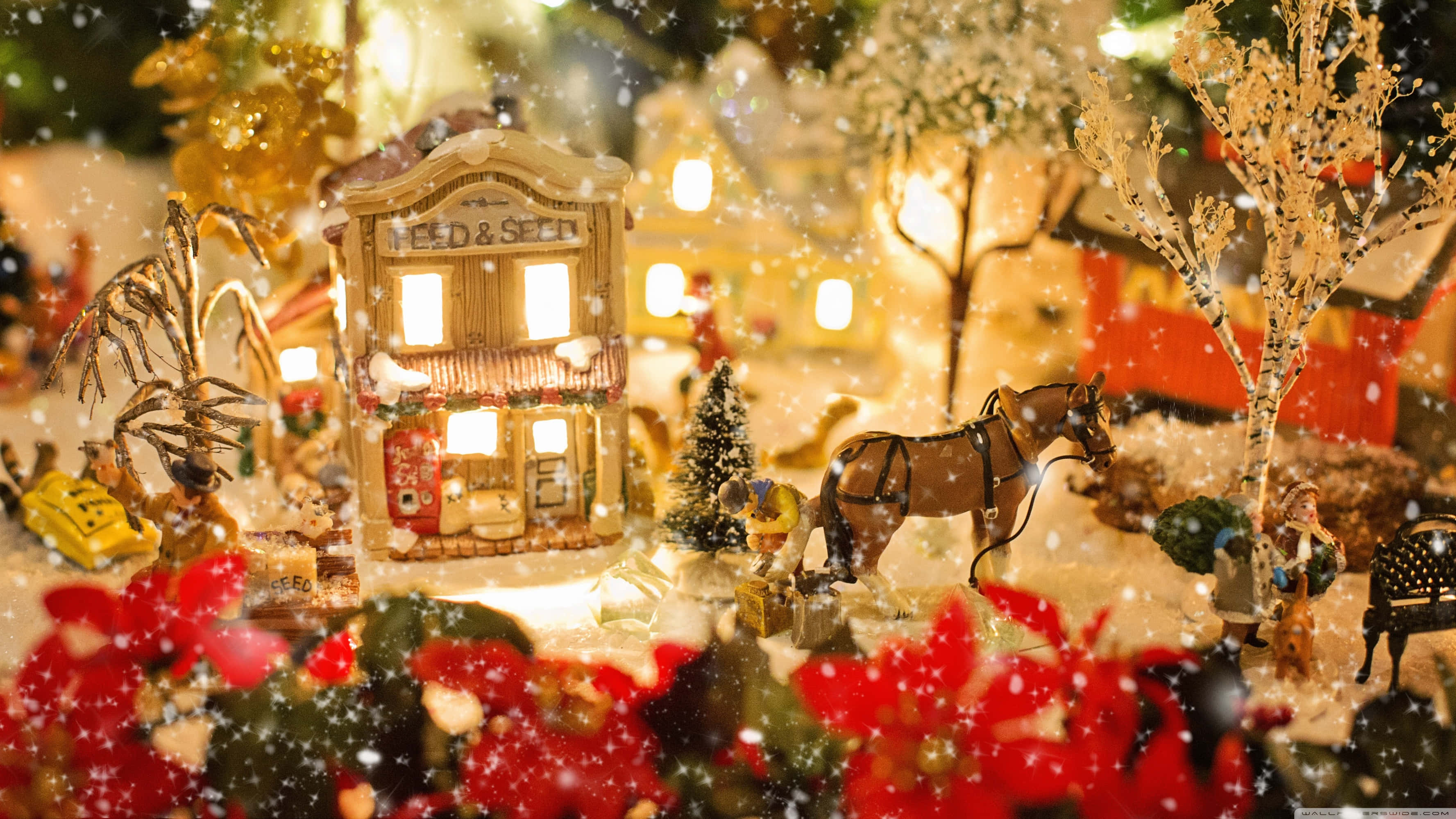 Christmas Village, snow-covered miniature winter village, glowing lights, 2K Desktop Wallpaper