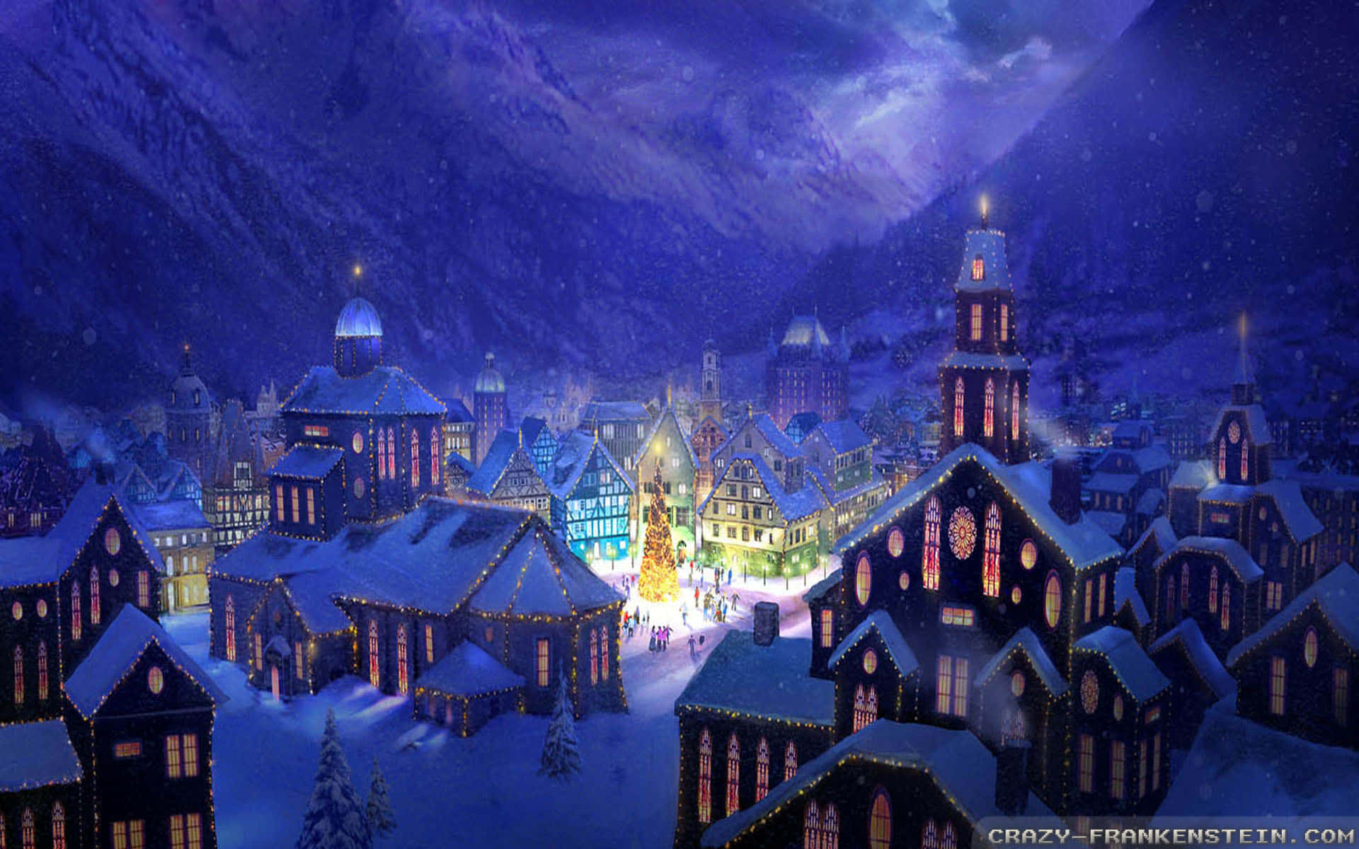 Christmas Village, snowy mountain village, glowing windows, Full HD Desktop Wallpaper