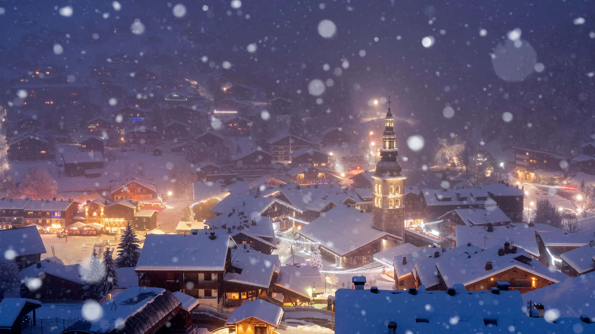 Christmas Village, twilight, snowflakes, Full HD Desktop Wallpaper