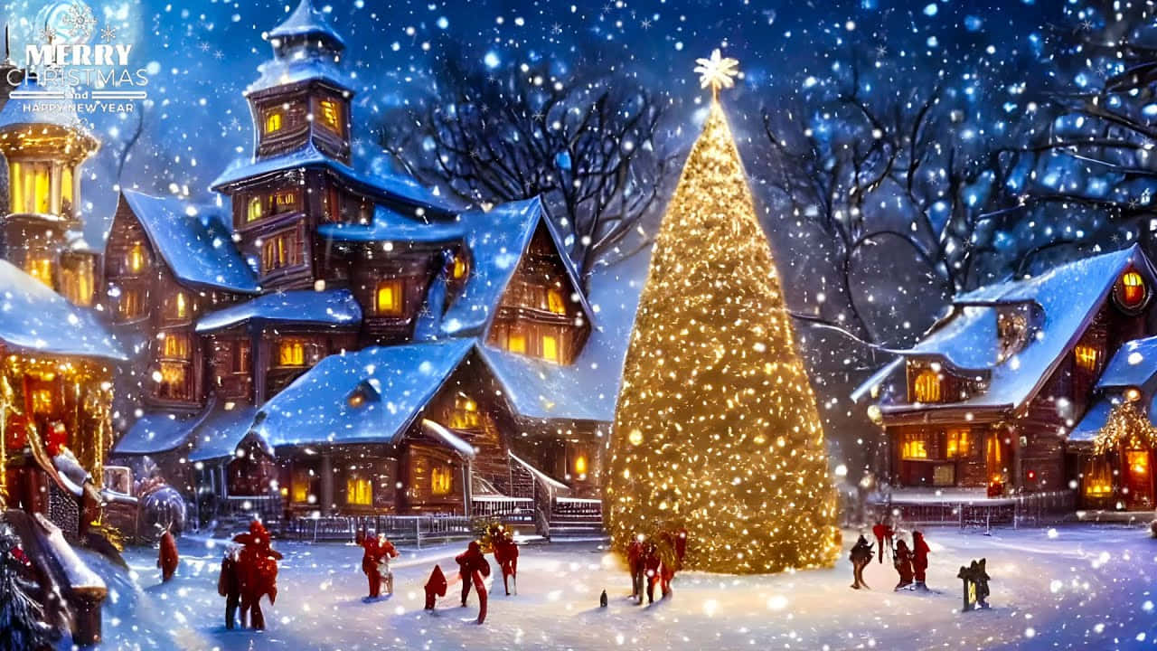 Christmas Village, snowy village square, giant glowing Christmas tree, HD Desktop Wallpaper