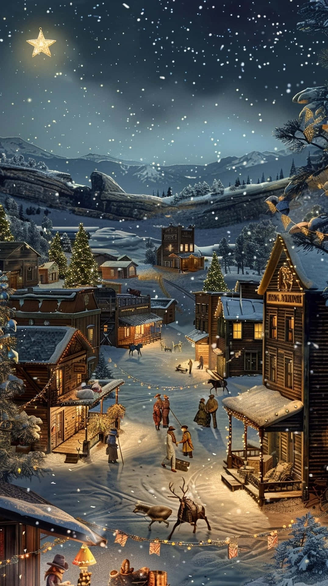 Christmas Eve, Western Town, snowy winter night, Full HD Phone Wallpaper