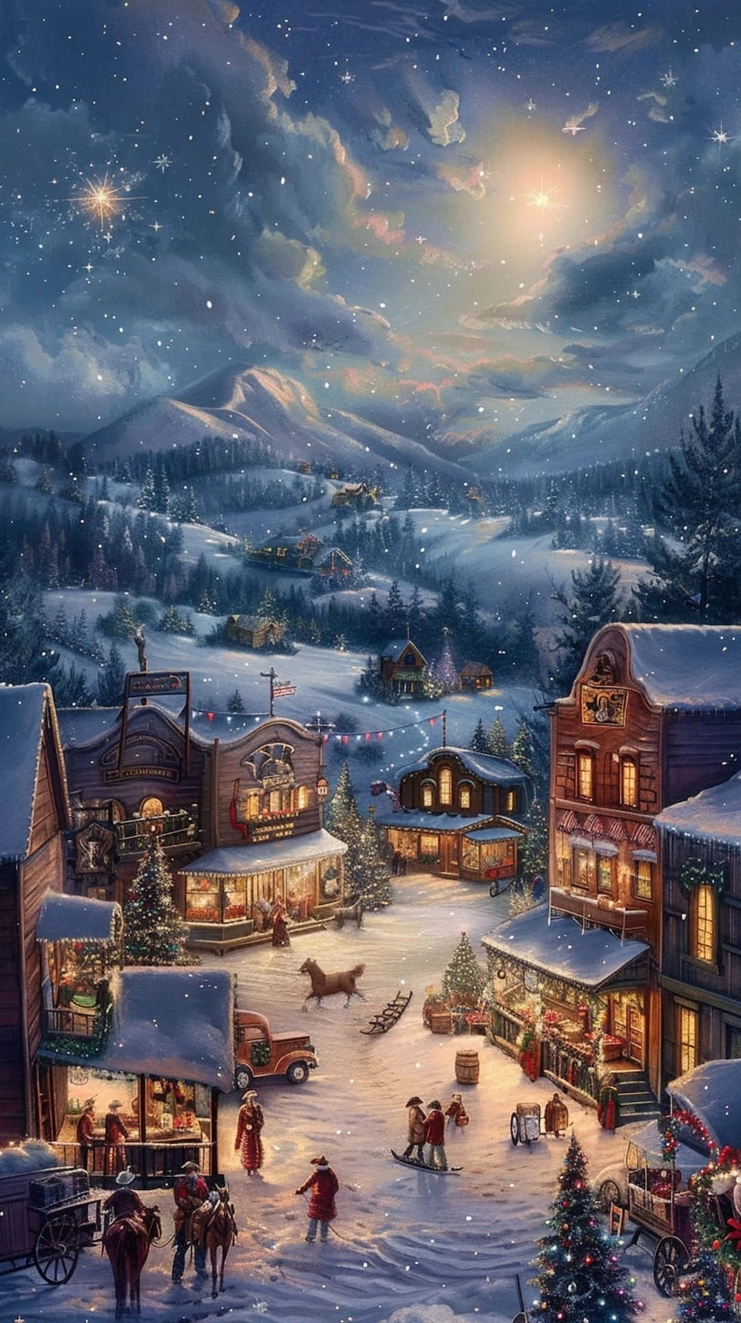 Enchanted Christmas Village Night, snowy mountain village, glowing windows, Full HD Phone Wallpaper