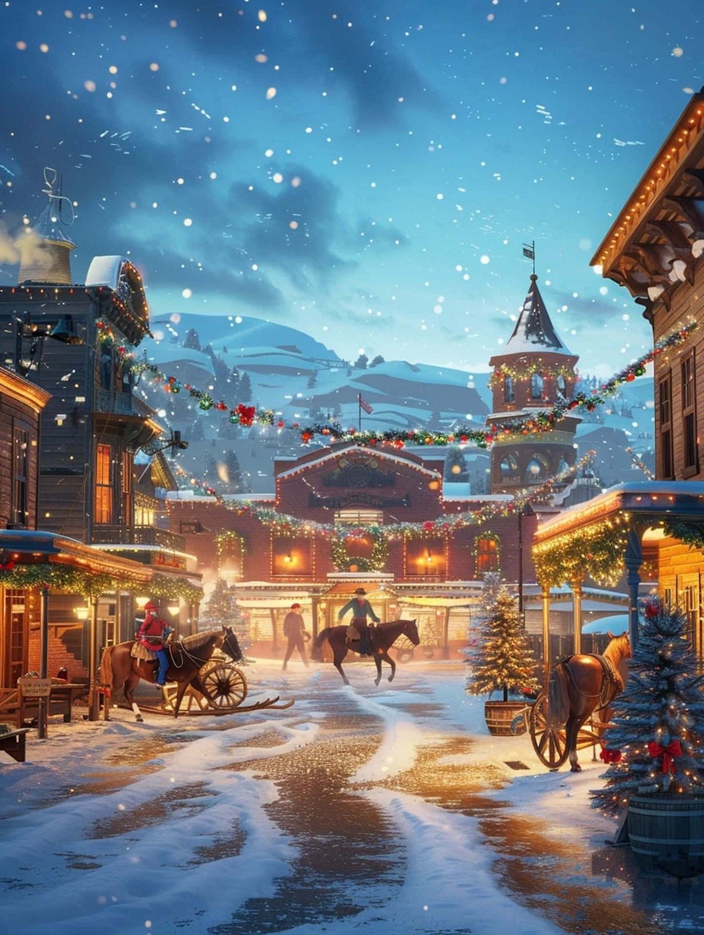 Enchanted Christmas Village Scene, snow, festive western town, Full HD Phone Wallpaper