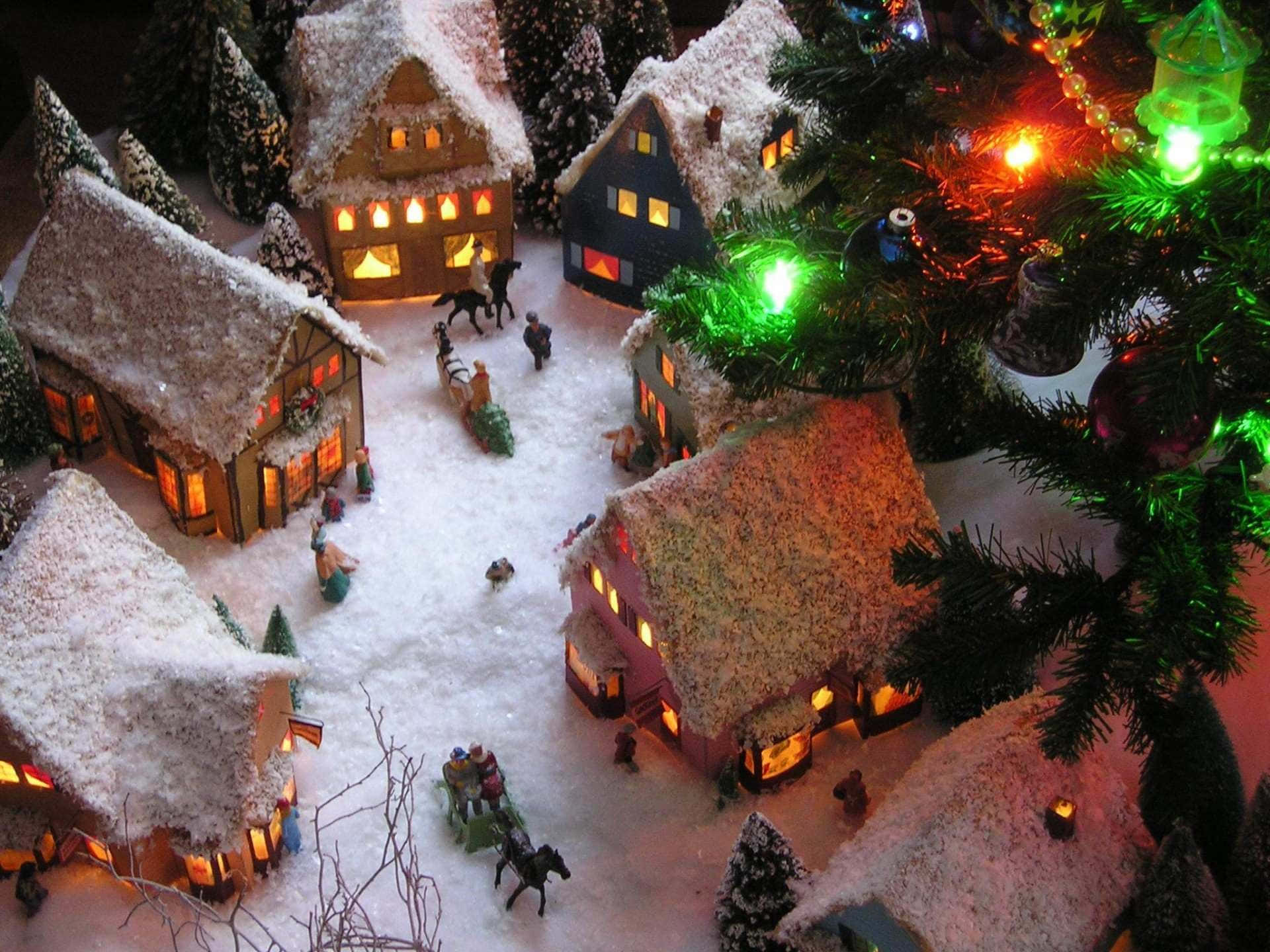 Cozy Snowy Christmas Village, snowy miniature village, glowing windows, Full HD Desktop Wallpaper