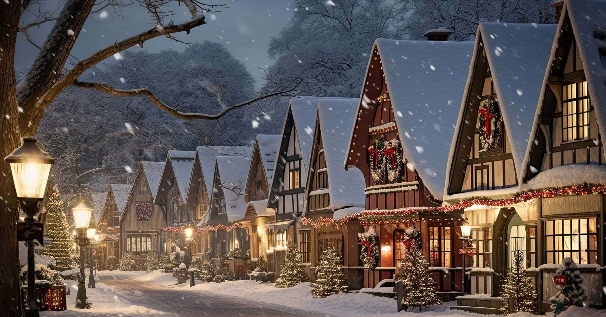 cozy snowy christmas village, timber-framed houses, red garlands, Full HD Desktop Wallpaper