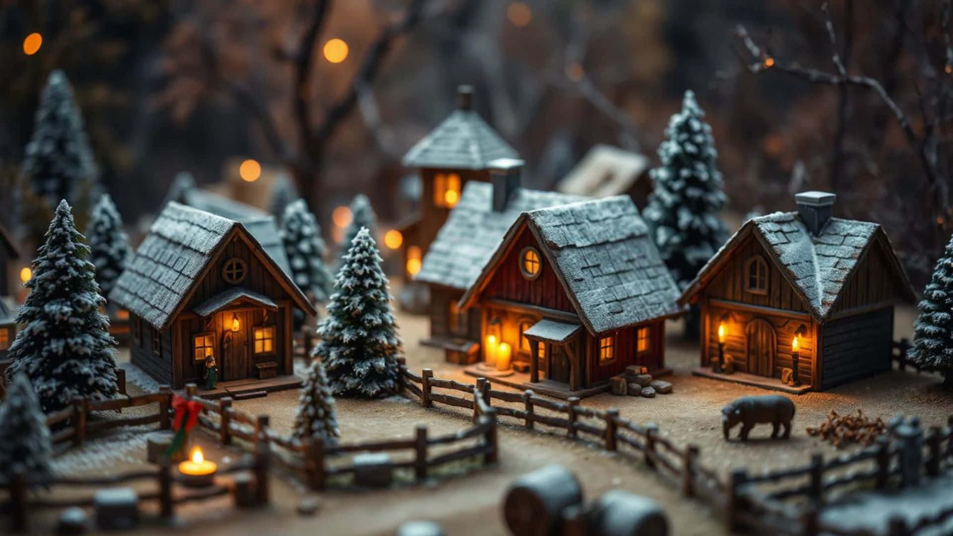 cozy snowy christmas village, snow-covered wooden cabins, glowing windows, Full HD Desktop Wallpaper