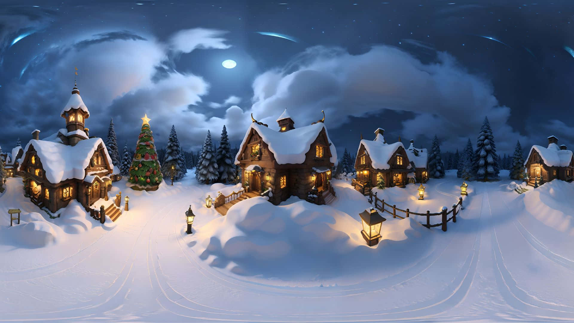 Cozy Snowy Christmas Village, snowy village, glowing windows, Full HD Desktop Wallpaper